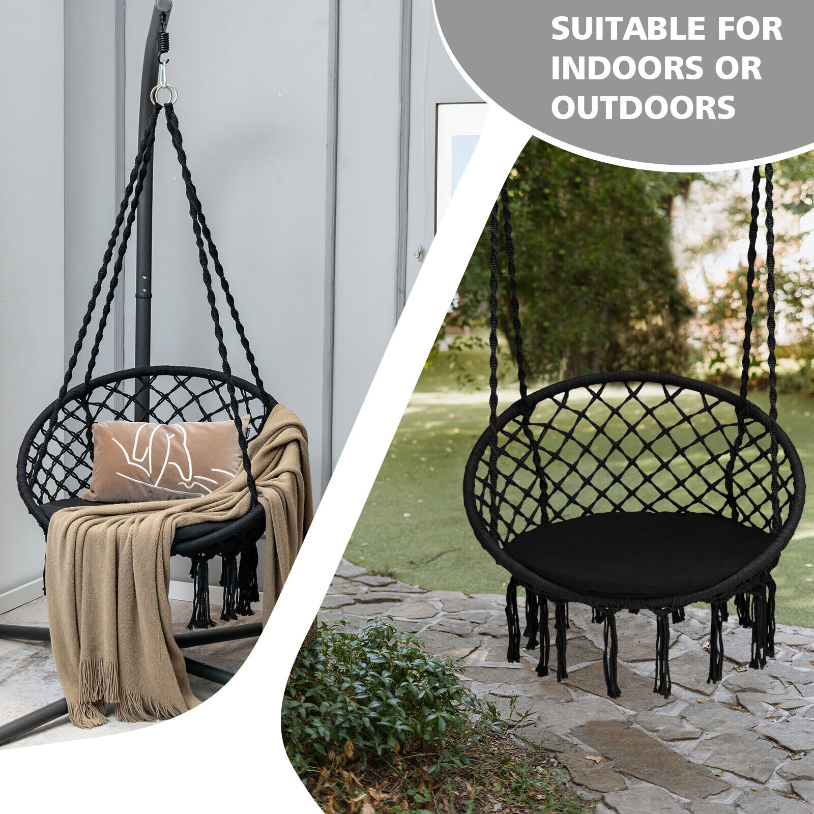 SUGIFT Cushioned Hammock Swing Chair with Hanging Kit 31.5-in Round Frame 330-lb Capacity Black