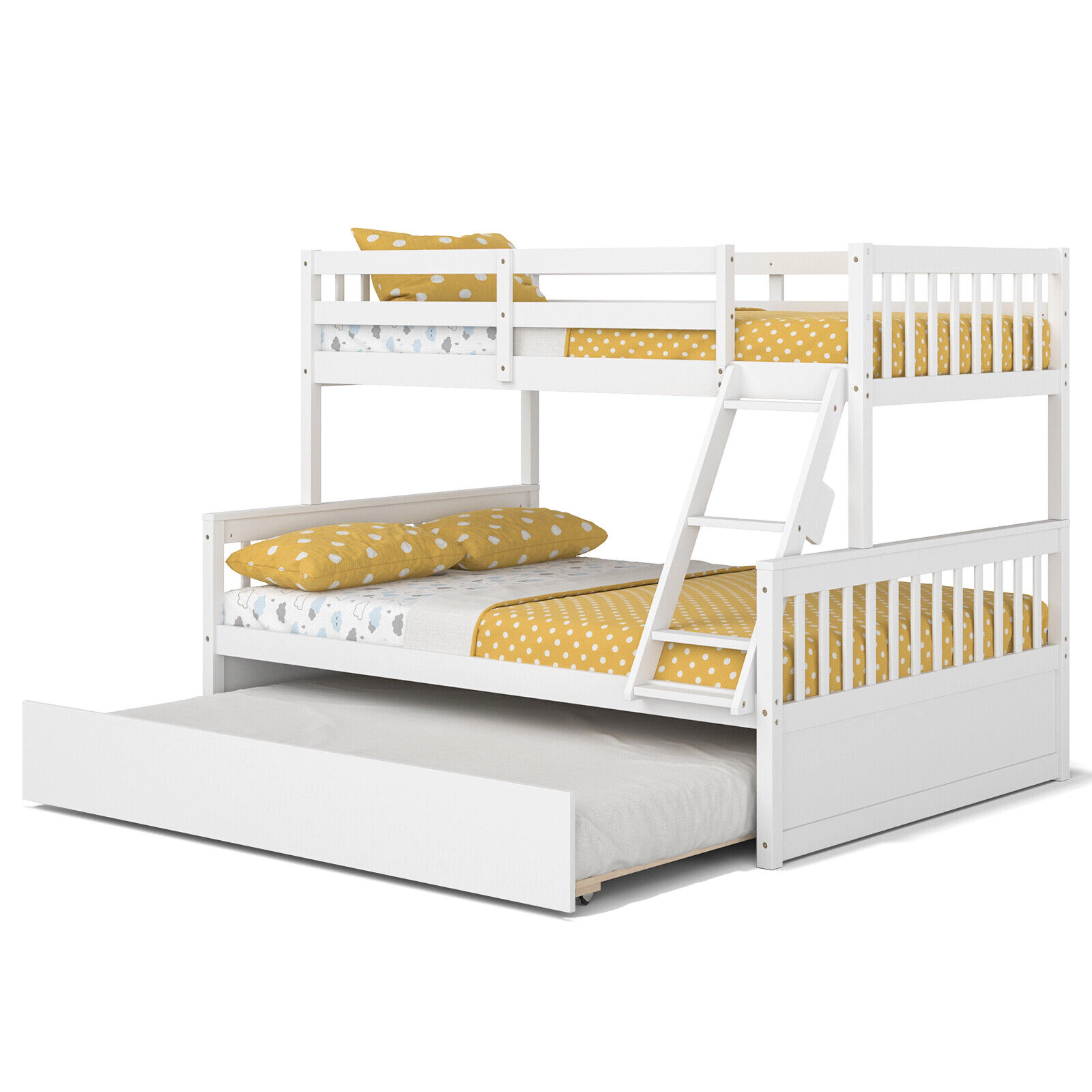 SUGIFT White Twin Over Full Solid Pine Convertible Bunk Bed with Twin Trundle Guardrails and 3-Step Ladder