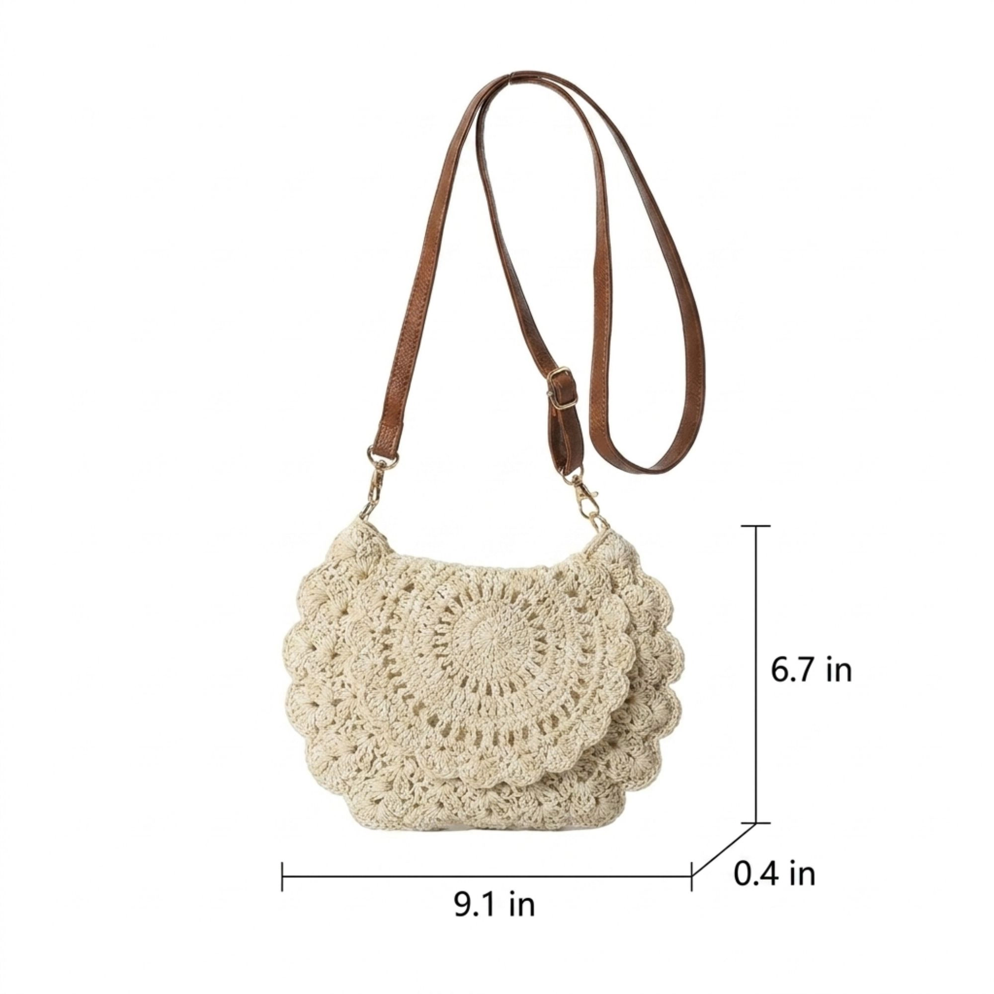 Alilang Women's Crochet Crossbody Bag with Scalloped Flap and Adjustable Strap, Khaki
