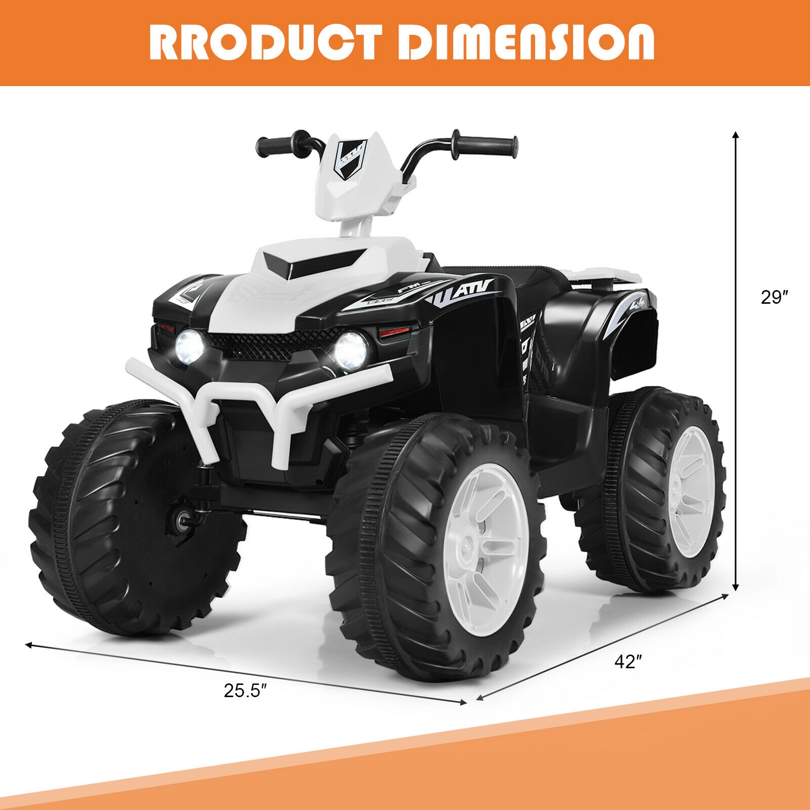 12V Kids ATV 4 Wheeler Quad Ride On Car Treaded Tires LED Headlights High and Low Speed and USB Music Ages 3-7 White