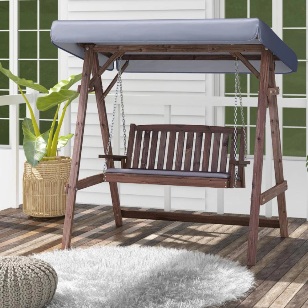 Hivvago 2-Person Porch Swing With Fir Wood Stand And Tilt Canopy-Brown