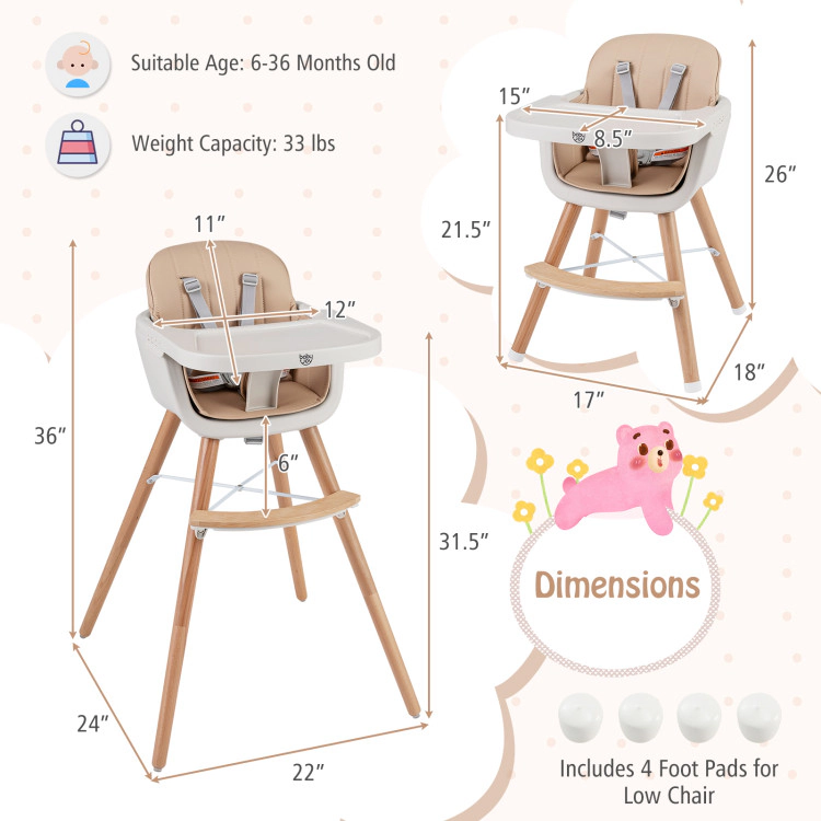 Hivvago 6-in-1 Convertible Wooden Highchair with Safety Harness and Adjustable Legs-Light Brown