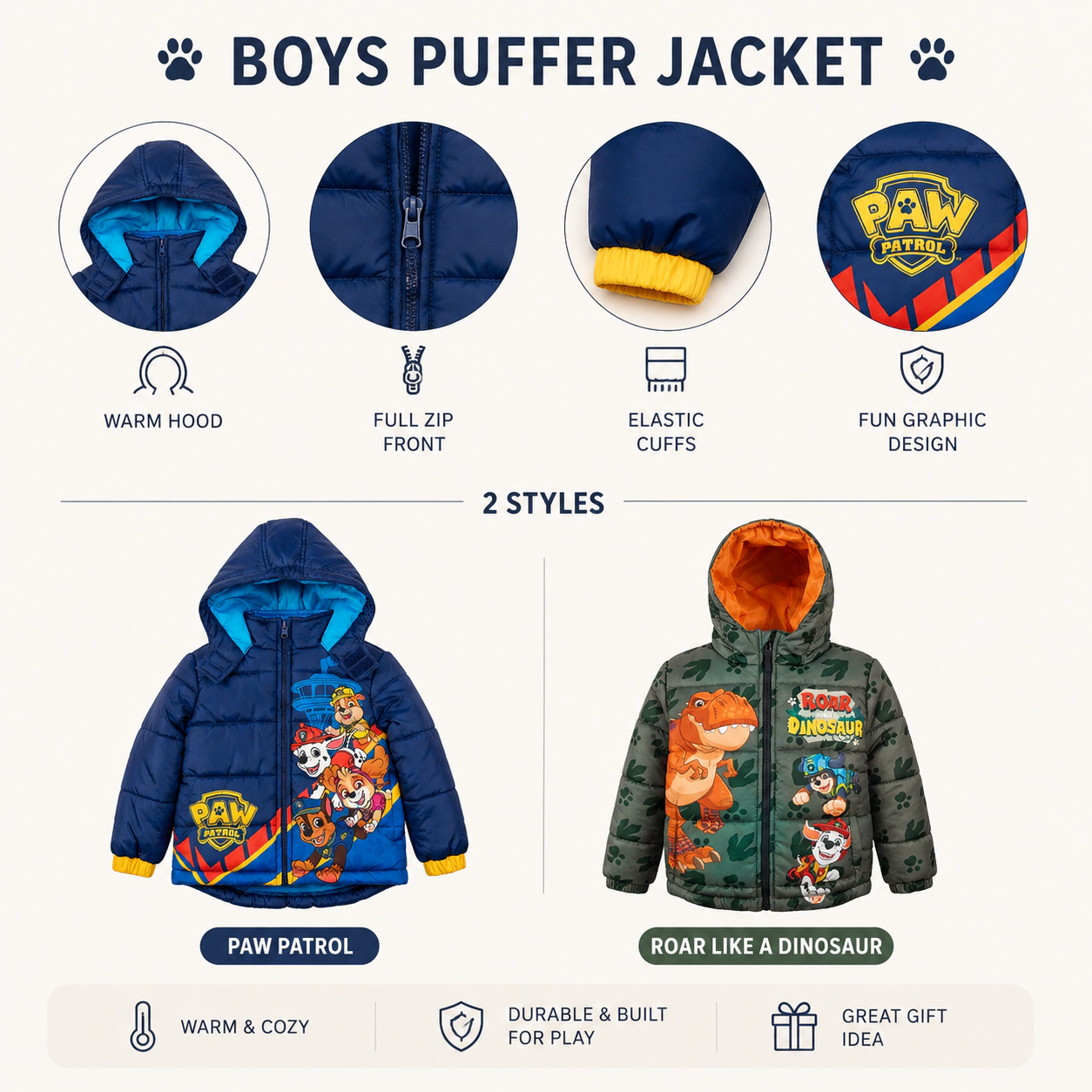 Paw Patrol Boys' Hooded Puffer Jacket