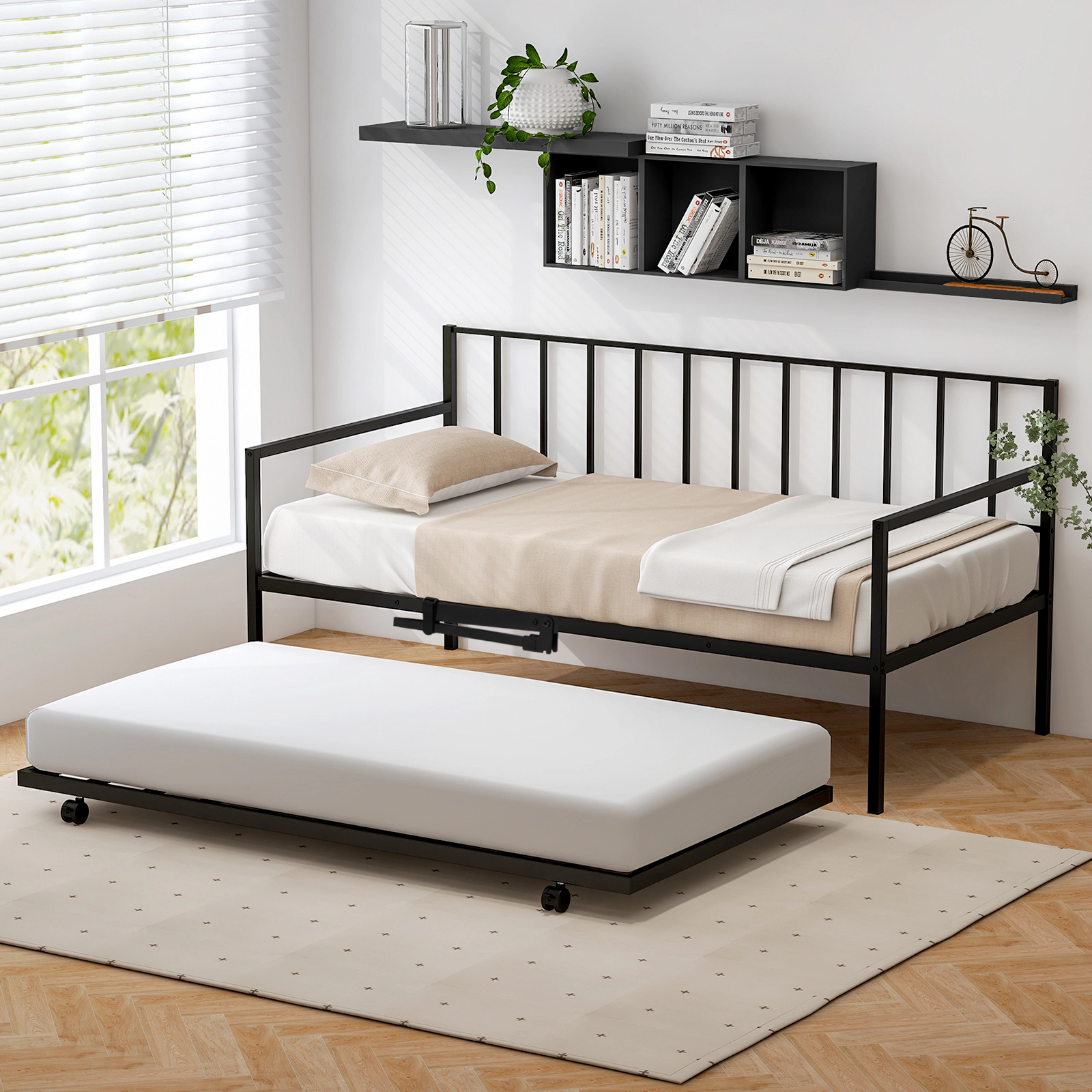 SUGIFT Twin Daybed with Rolling Trundle, Steel Slat Platform, Black
