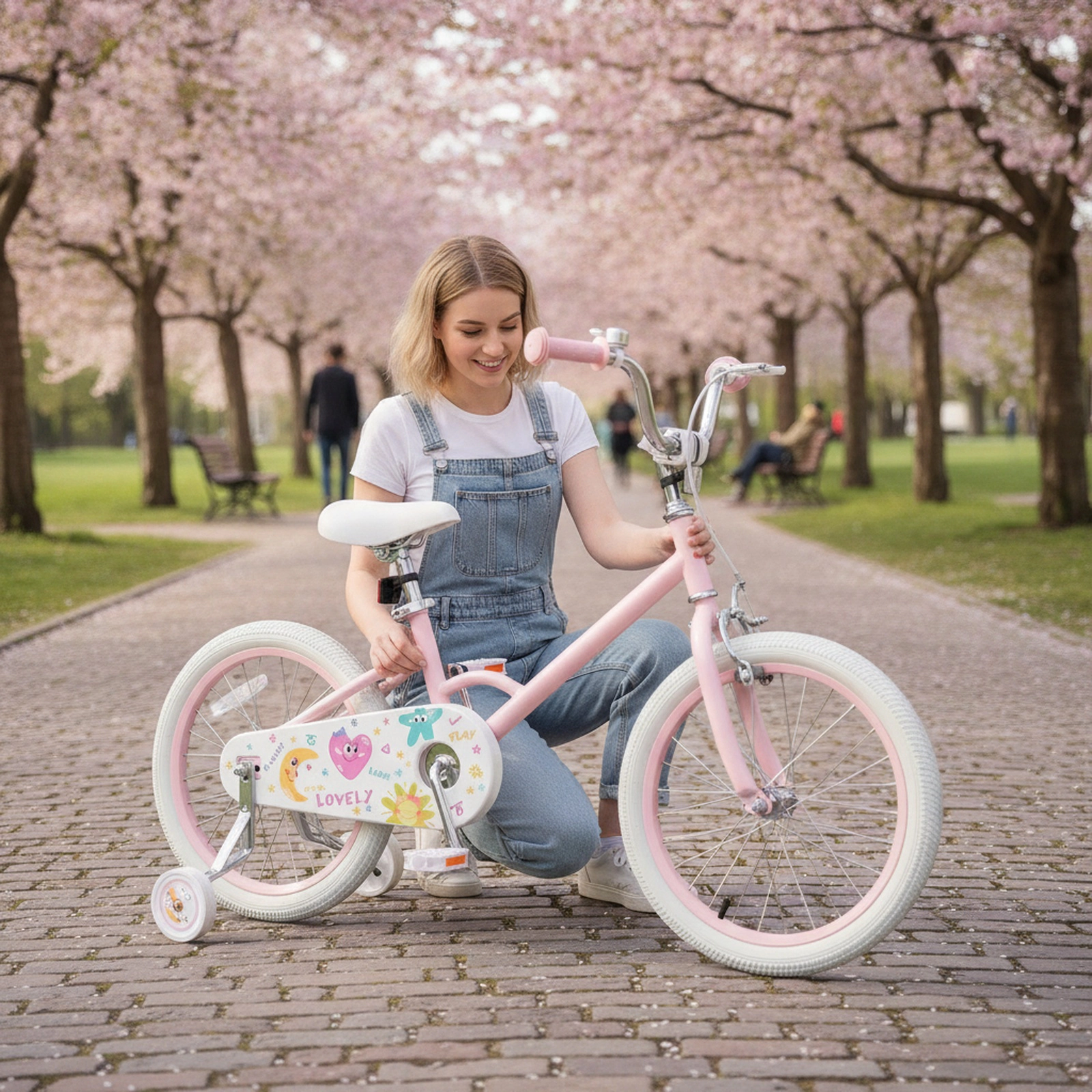 18-in Girls Bike Kickstand 2 Removable Training Wheels Dual Brake 132-lb Seat Capacity Kids Ages 4-8 Pink Stars/Moon