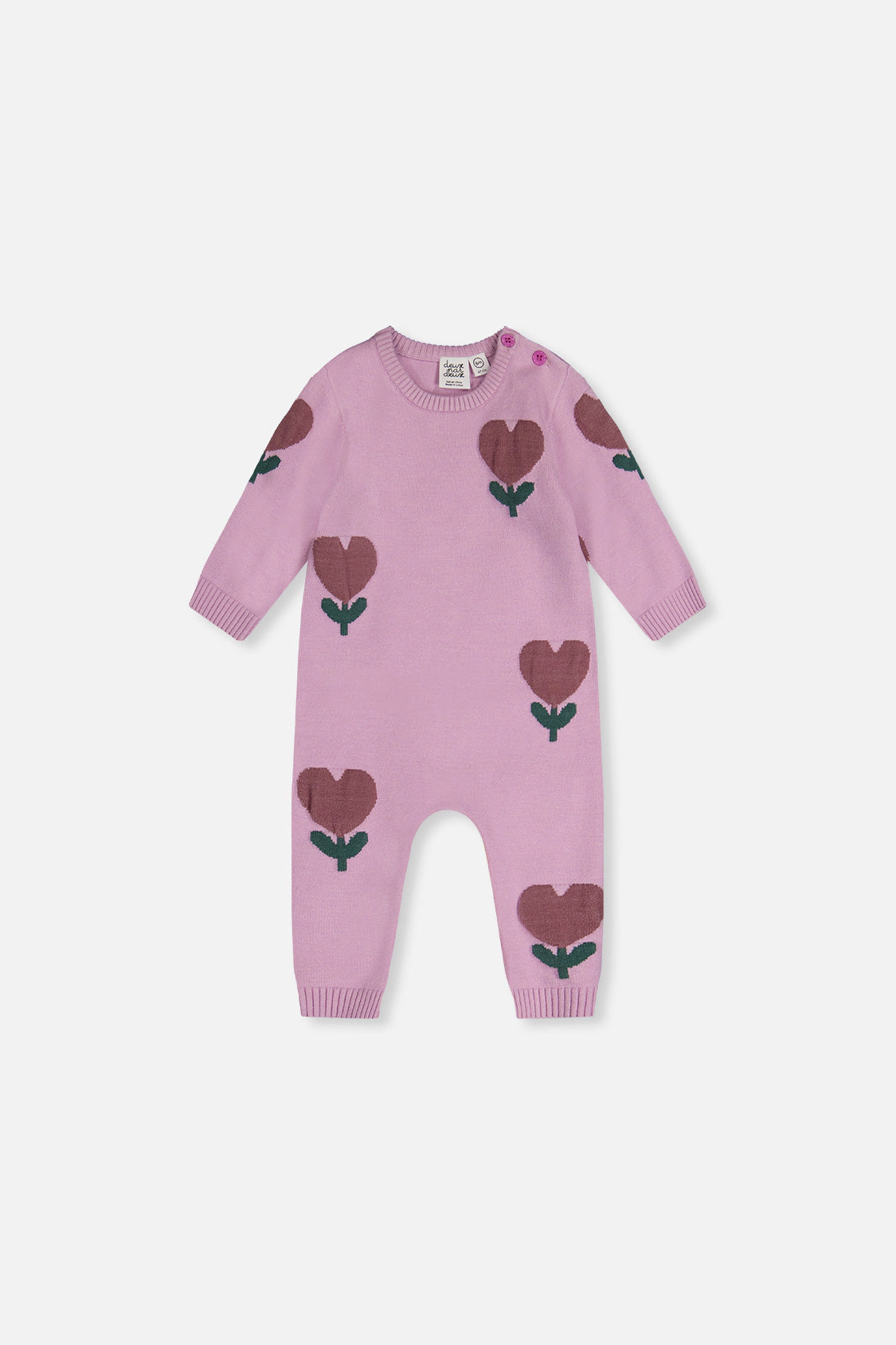 Deux par Girls Knitted Intarsia Long Sleeve Romper with Heart and Flower Pattern