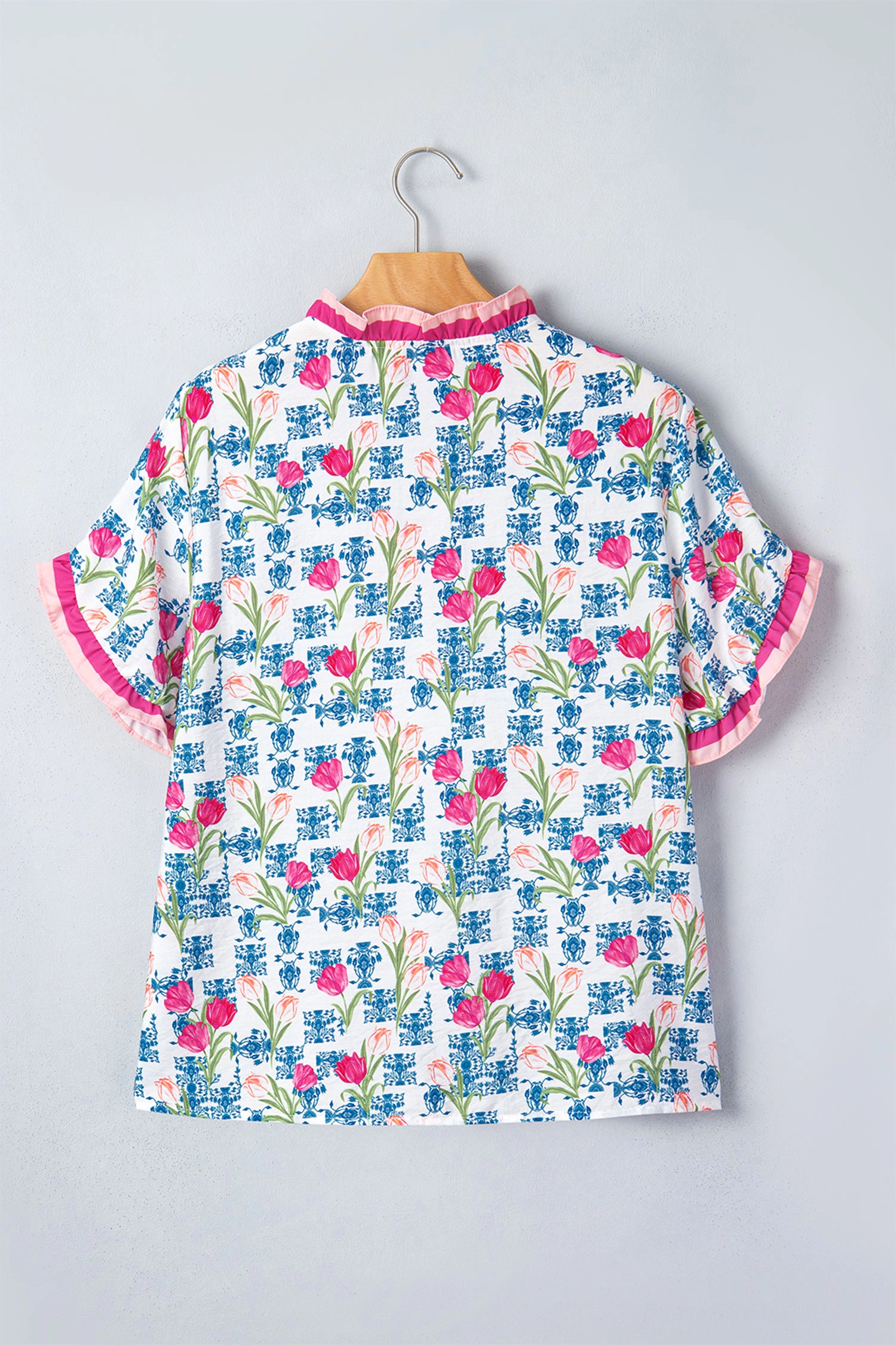 Threaded Pear Rose Floral Ruffle V-Neck Short Sleeve Loose Tunic Shirt