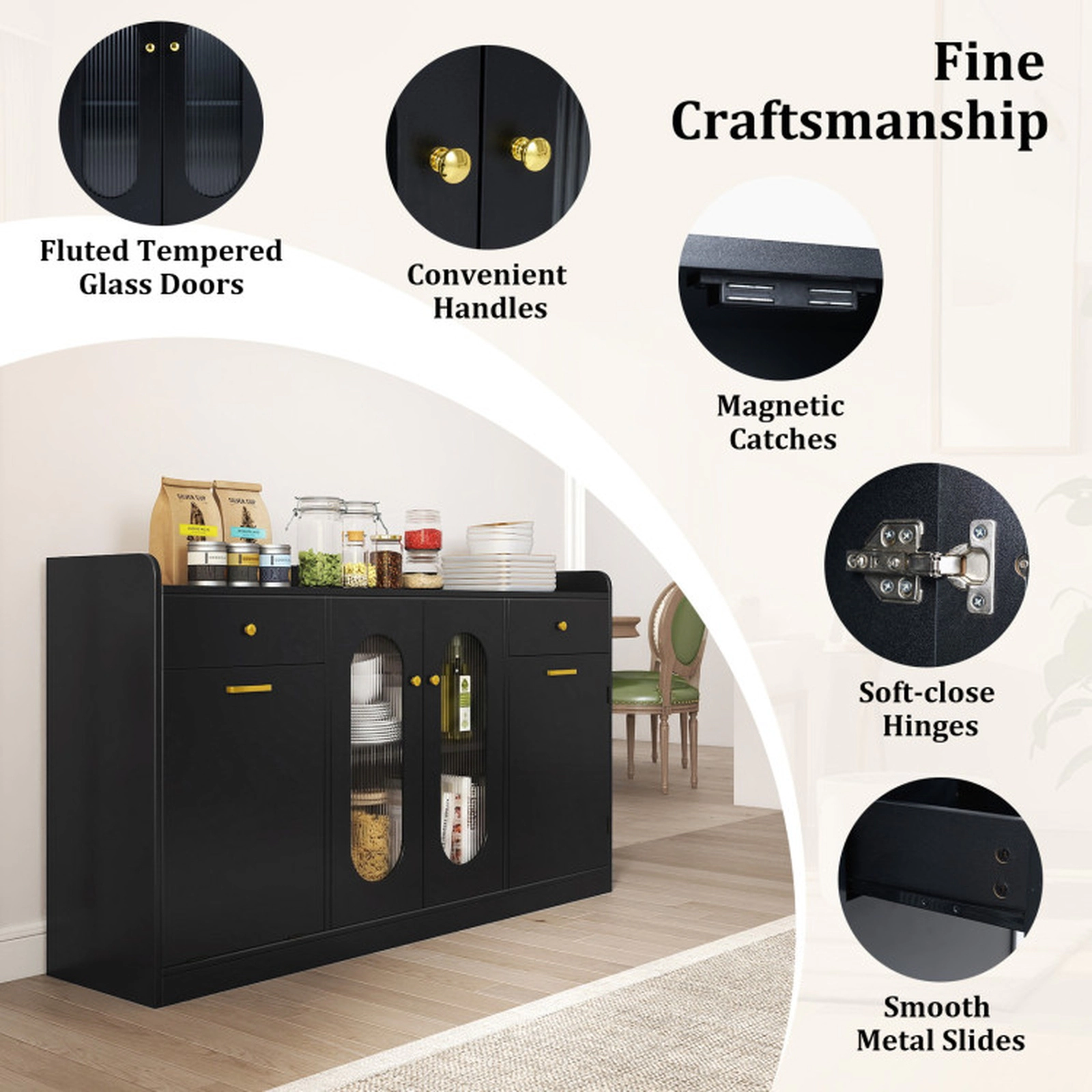 SUGIFT 55-in Tilt-Out Trash Cabinet 2 Fluted Glass Doors 2 Drawers Buffet Sideboard 31.5-in H 110-lb Capacity Black