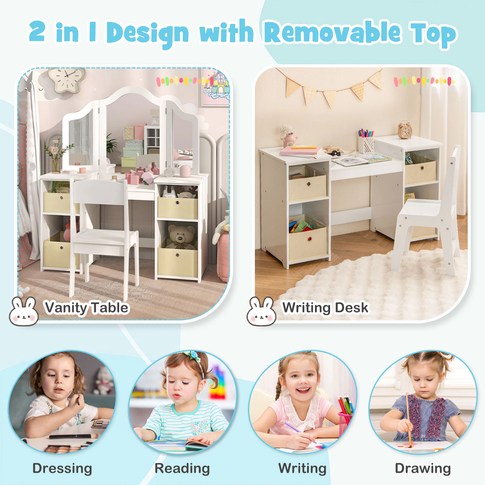 SUGIFT White 3 Removable Mirrors and 4 Storage Bins Kids Vanity Table and Chair Set