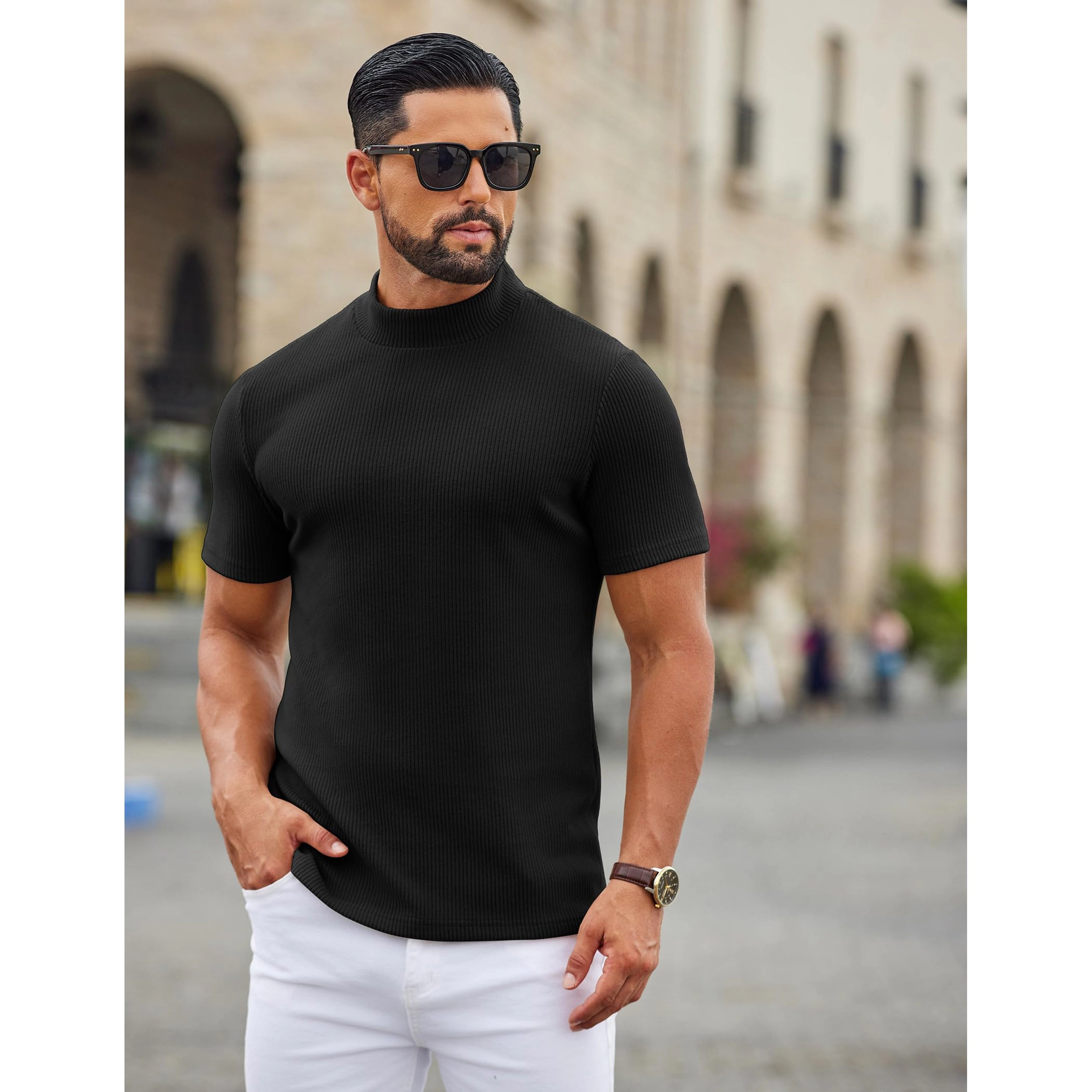 COOFANDY Men's Slim Fit Ribbed Knit Short Sleeve Mock Neck T-Shirt