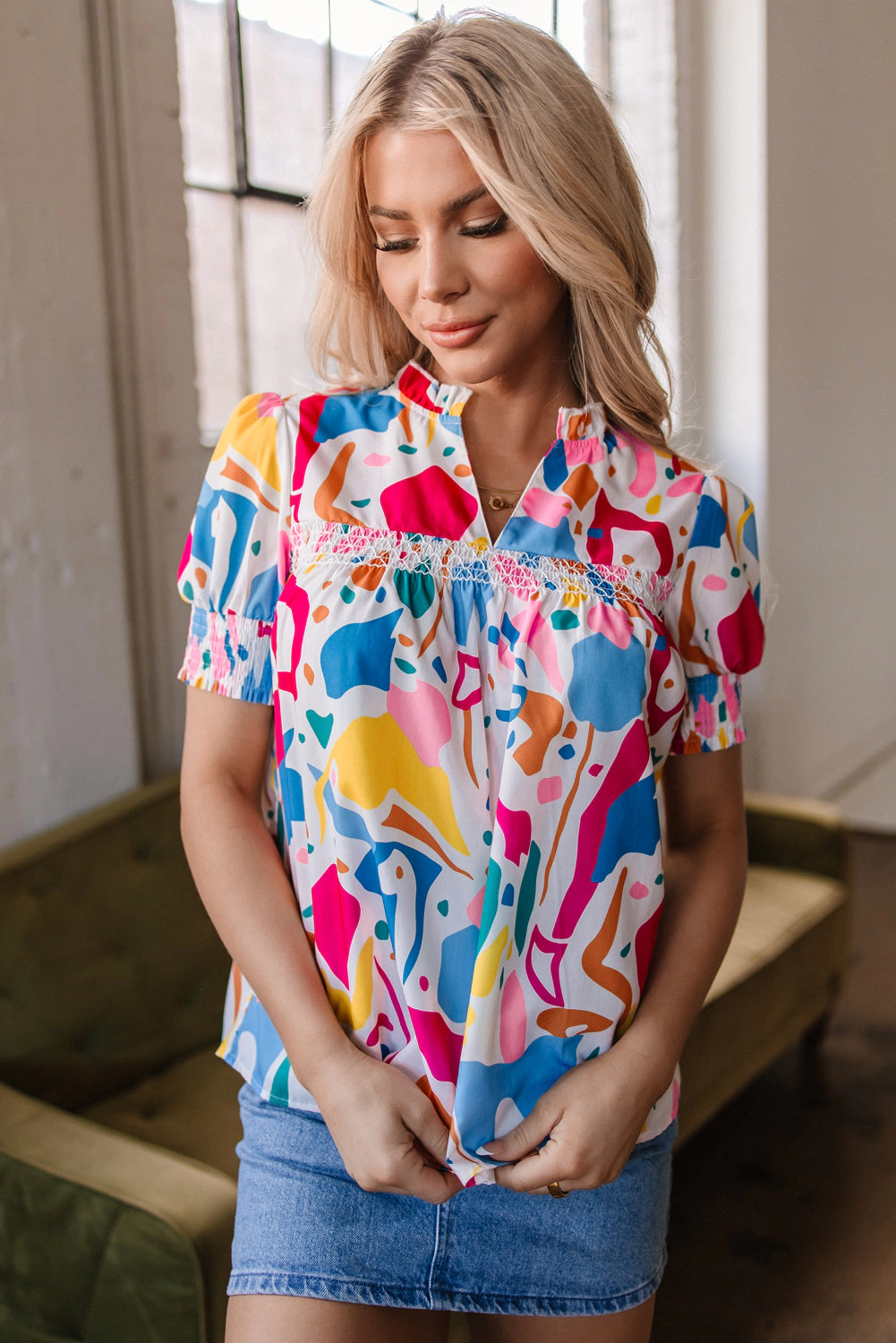 Threaded Pear Women's Harper Shirred Short Sleeve Blouse