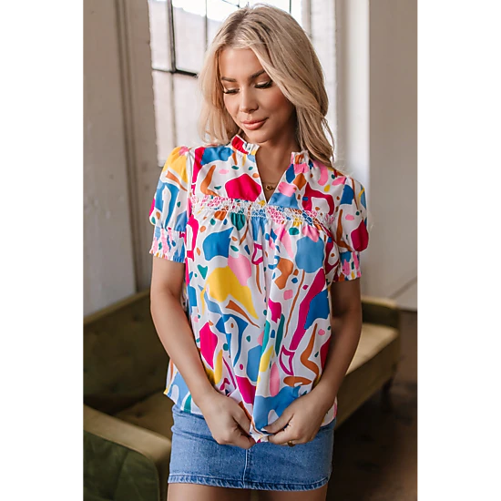 Threaded Pear Women's Harper Shirred Short Sleeve Blouse