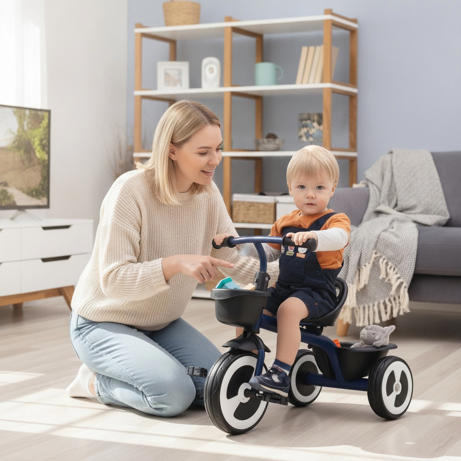 Toddler Trike with Front and Rear Storage Baskets Adjustable Seat and Silent EVA Wheels Ages 1.5-5 Navy Kids Tricycle