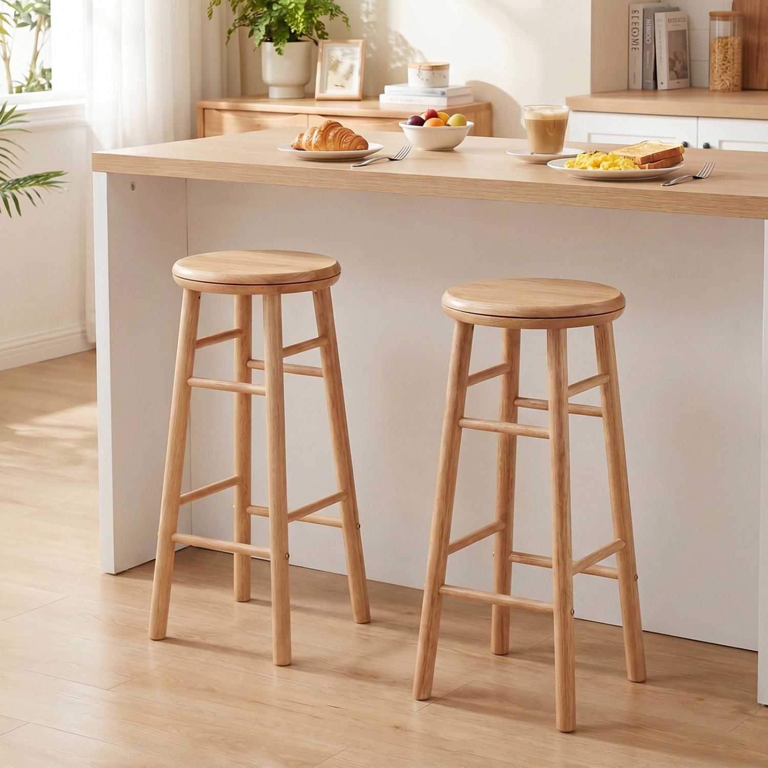 SUGIFT Set of 2 Natural Rubber Wood Swivel Counter-Height Bar Stools, 29-Inch Round Seats