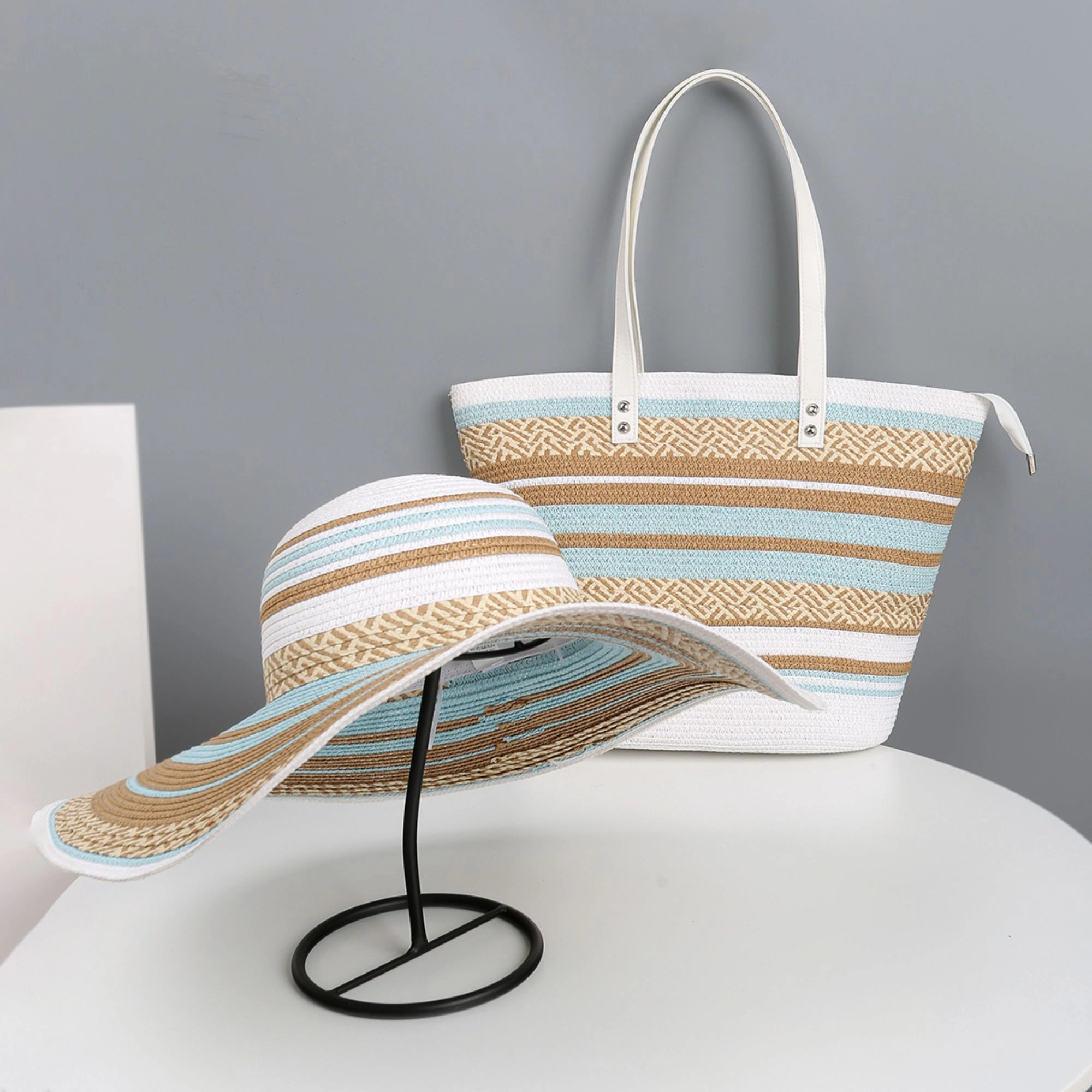 Anna-Kaci Women's Women Wide Brim Sun Hat Striped Woven Design Lightweight Summer Hat Classic Floppy Style