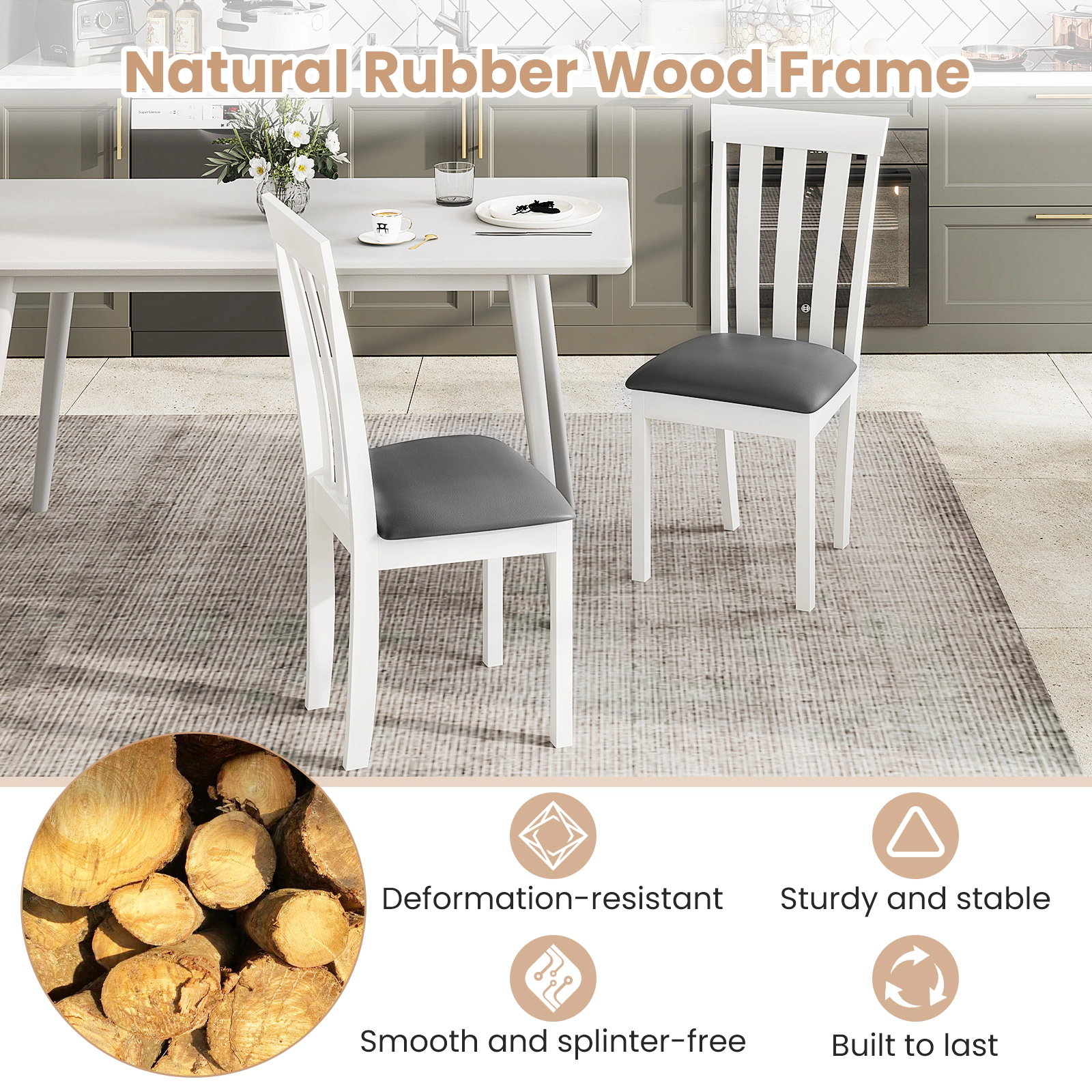 SUGIFT Set of 2 White Upholstered Dining Chairs, Padded Slat Back