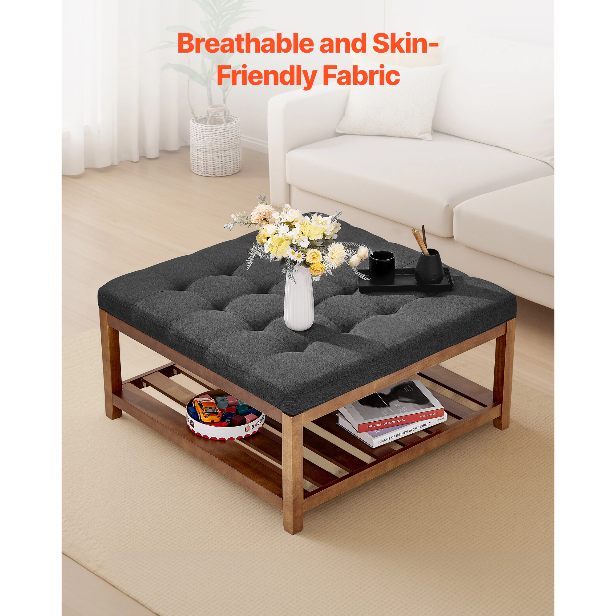 HONGGE Large Ottoman Coffee Table, Tufted Table with Solid Wood Shelf Storage