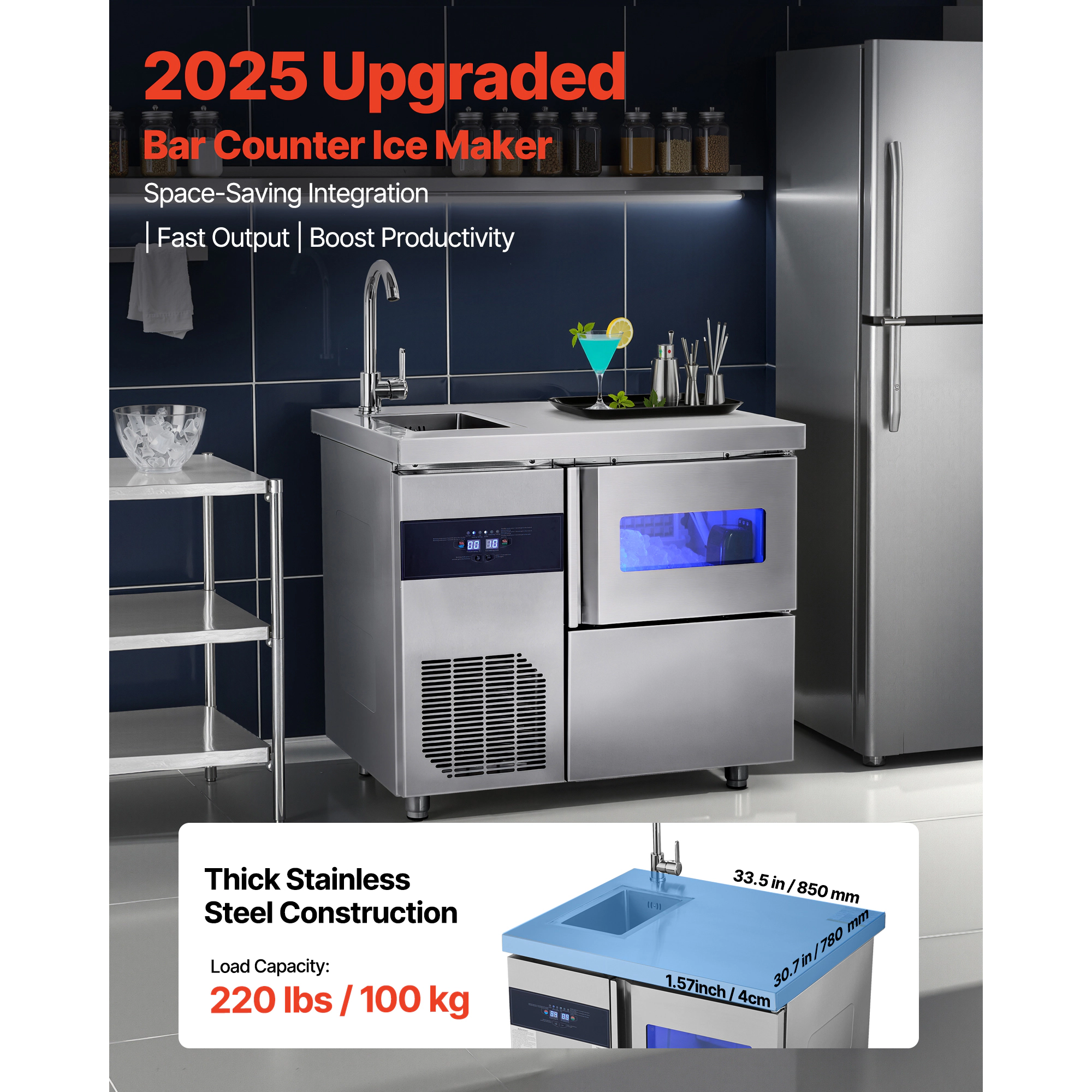 HONGGE Commercial Ice Maker Machine, Stainless Steel Ice Machine with Worktop, Storage & Cubes/Cycle