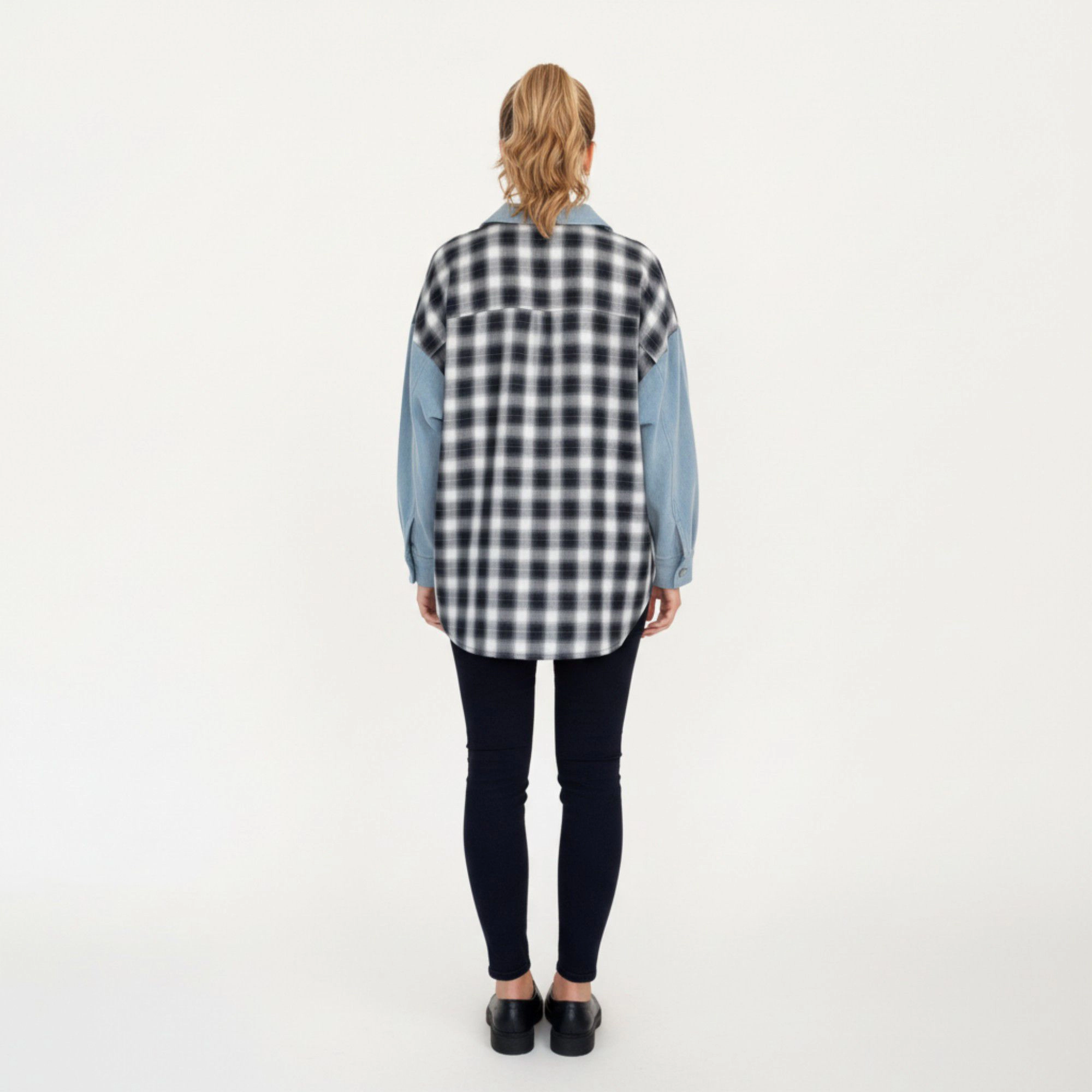 Anna-Kaci Women's Denim and Plaid Contrast Shacket