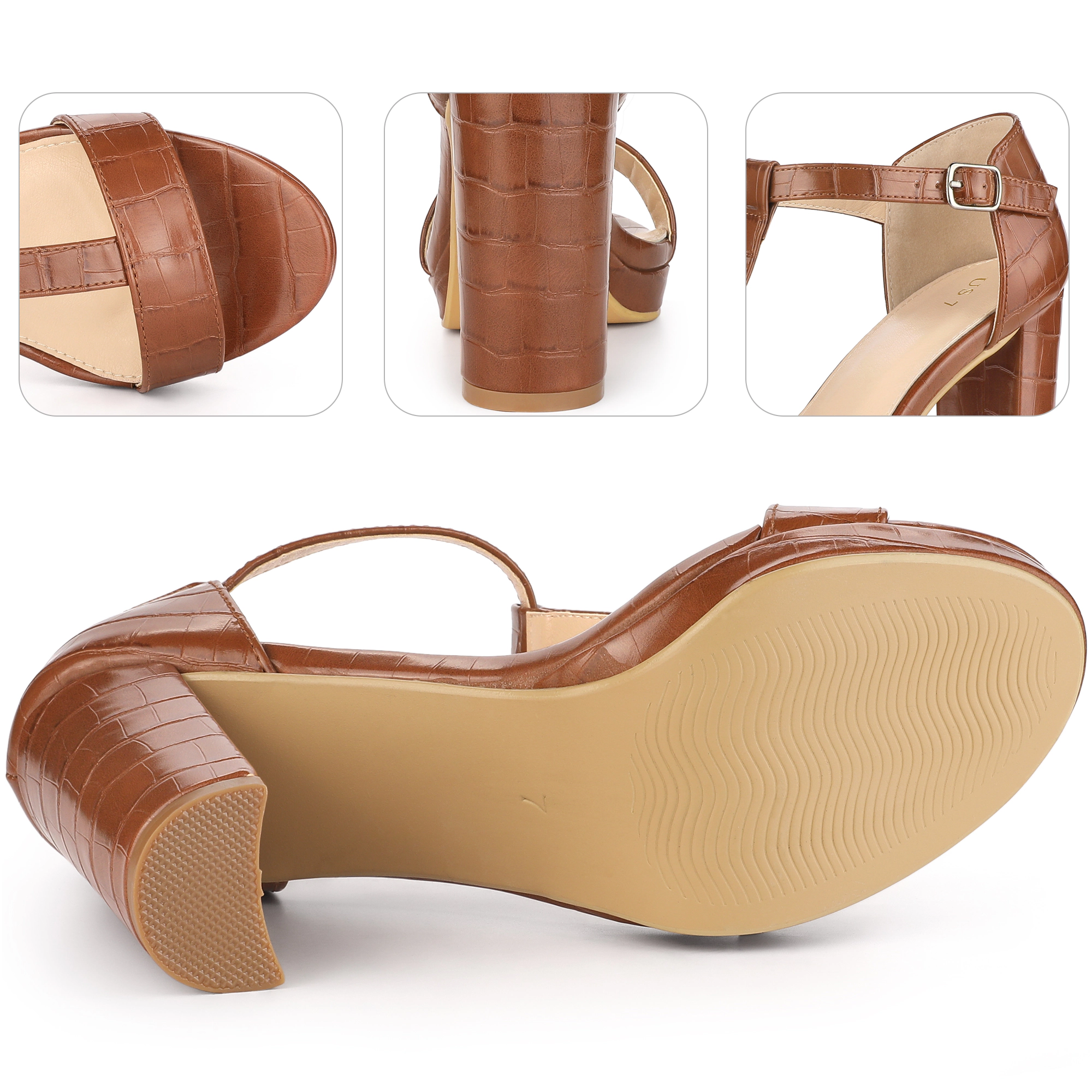 BLISSFUL STEP Women's Print Embossed Platform Ankle T Strap Chunky Heel Sandals