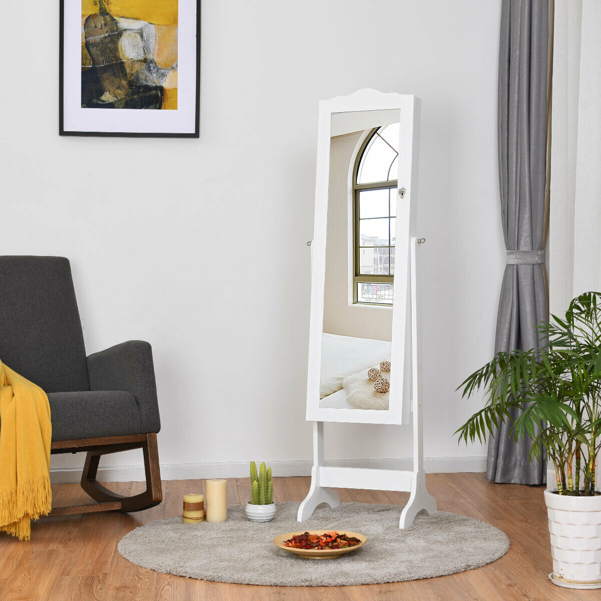 Slickblue 63 Inch Freestanding Jewelry Armoire with Full-Length Mirror, 14 LED Lights and Lockable Storage