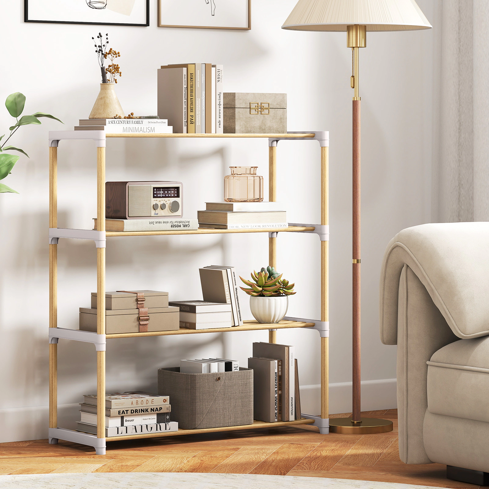 SUGIFT 4-Tier Solid Wood Shoe Rack Natural with Slatted Open Shelves