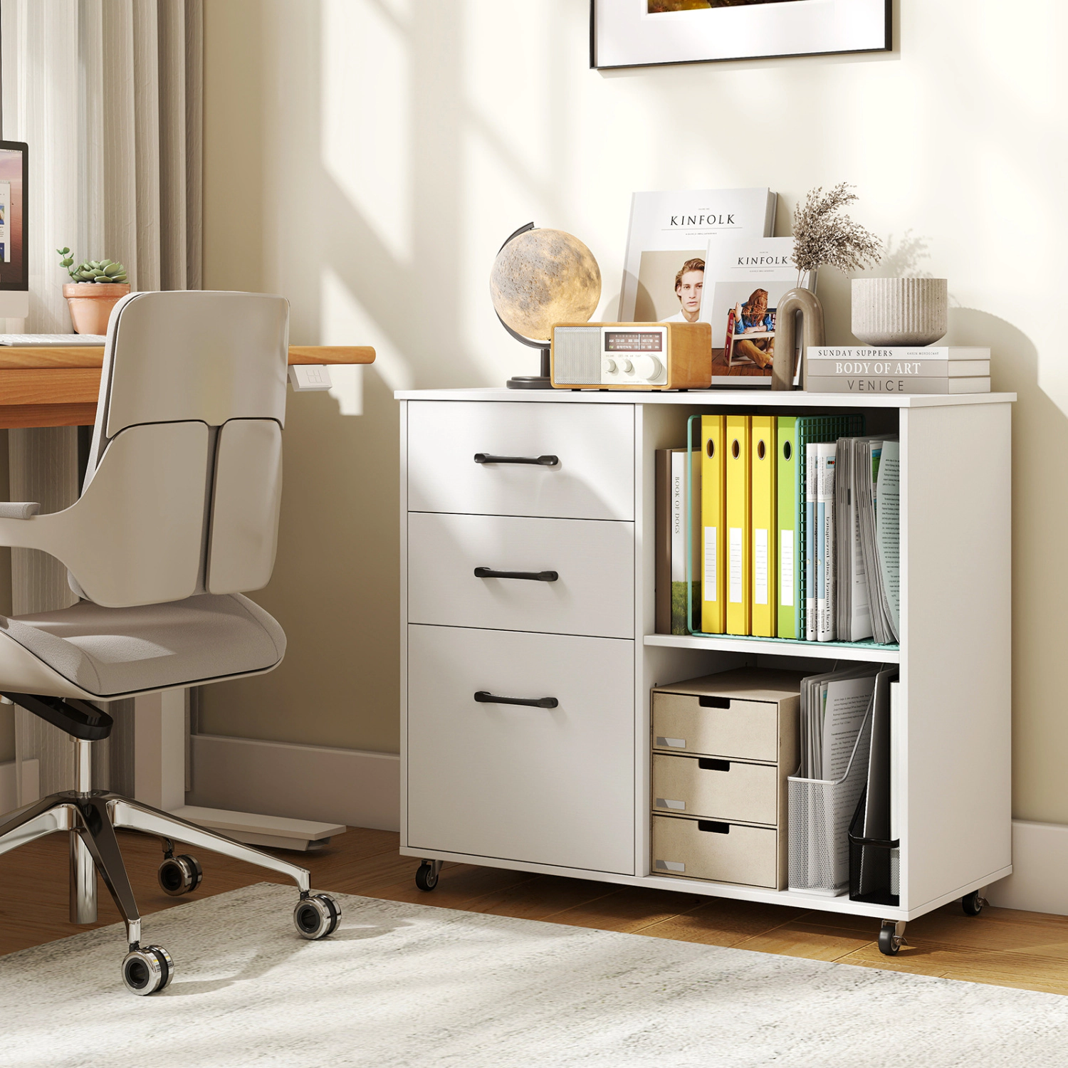 LJG 3-Drawer Mobile File Cabinet with Open Storage Shelves and Wheels for Letter A4 Size