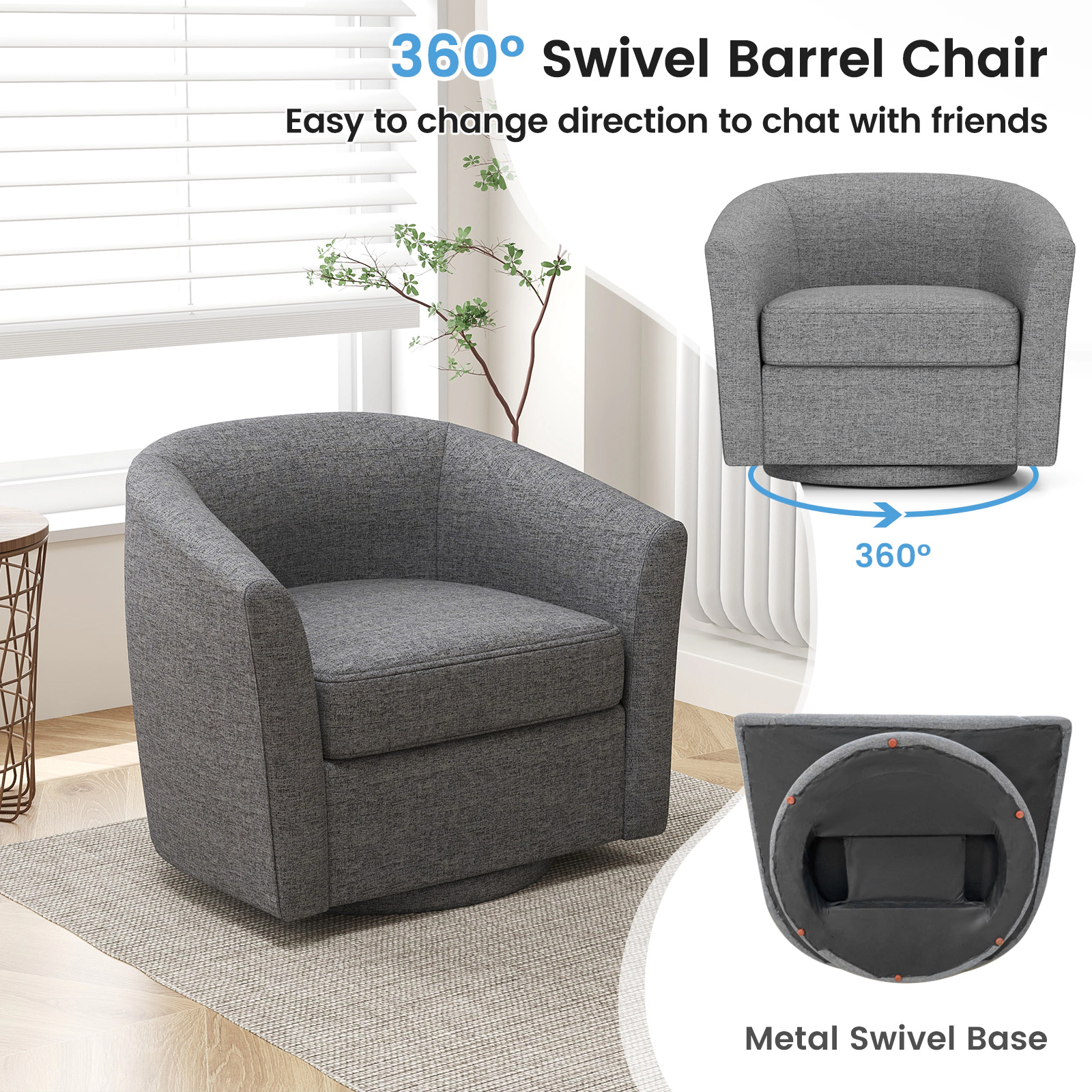 LJG Modern Club Swivel Accent Chair with Ottoman Footrest Curved Backrest