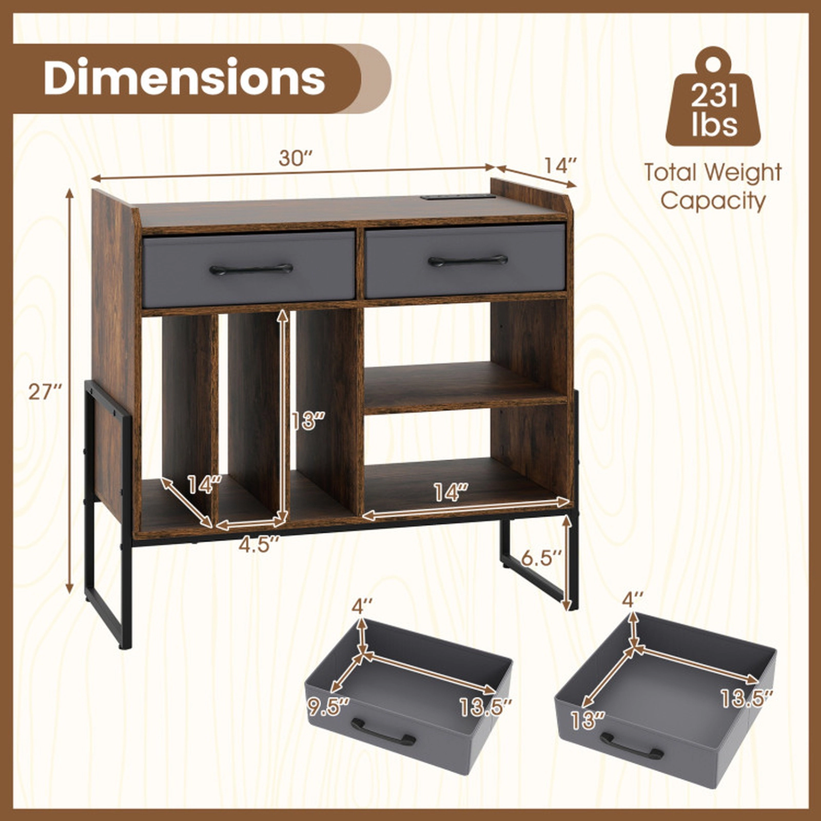 SUGIFT Rustic Brown Mid-Century Record Player Stand with Vinyl Storage, Power Outlet and USB Ports