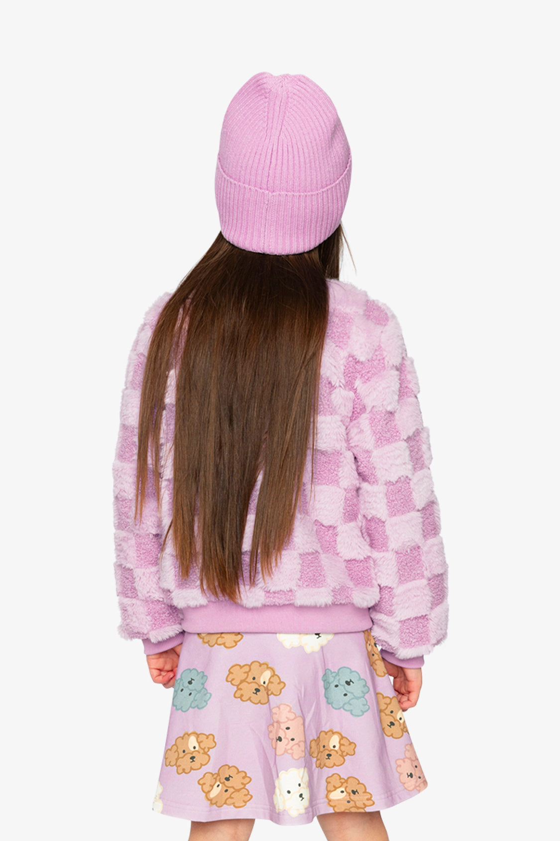Deux par Girls Checkerboard Faux Fur Jacquard Bomber Jacket