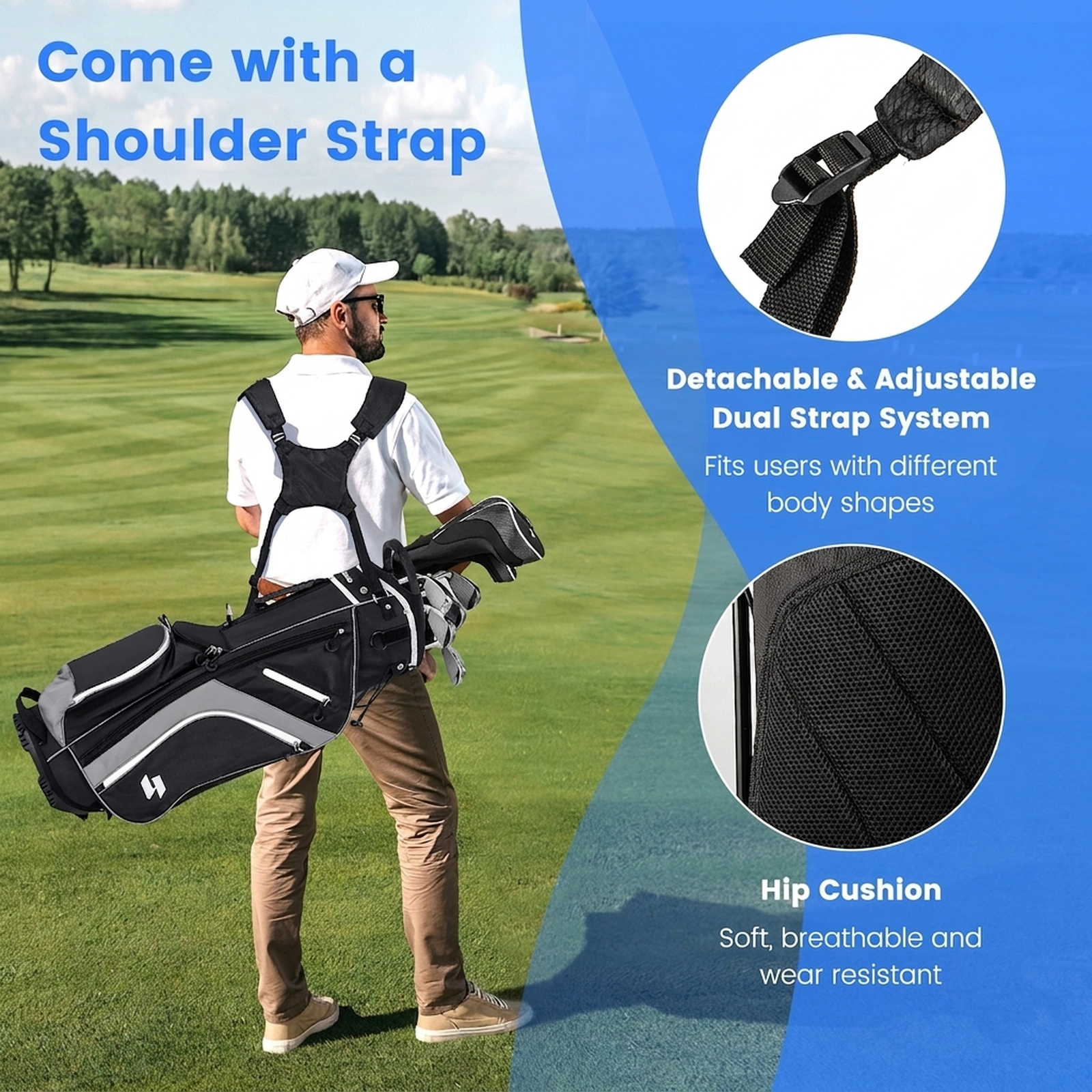 Lightweight Golf Stand Bag 14-Way Top Dividers 6 Zippered Pockets Rain Hood Adjustable Shoulder Strap Gray