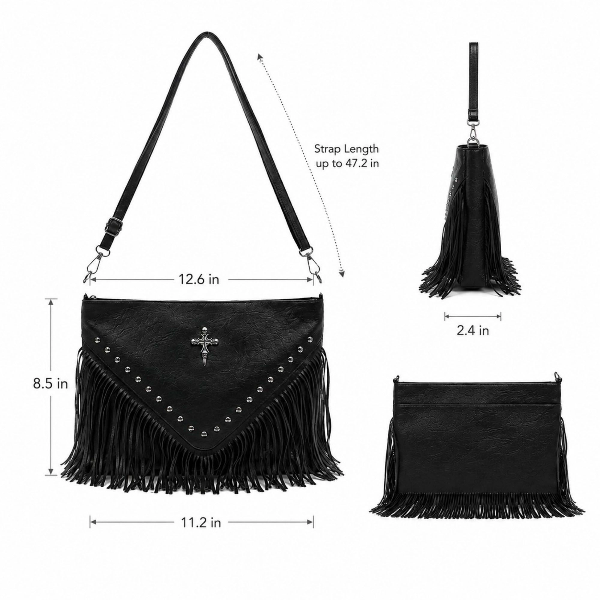 Alilang Women's Studded Fringe Shoulder Bag with Adjustable Strap and Zip Closure