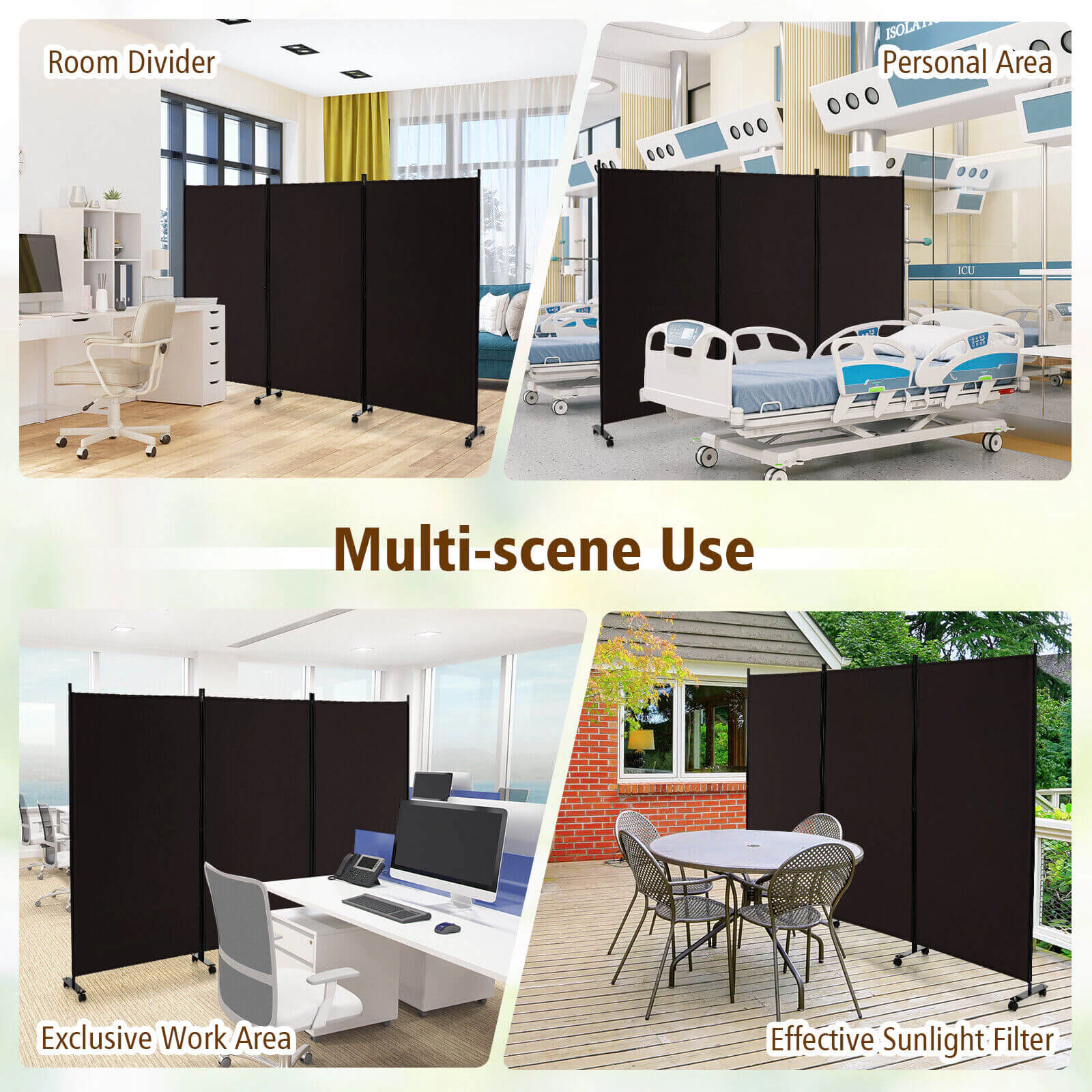 SUGIFT 3-Panel Folding Room Divider with Lockable Wheels Brown Metal Frame Polyester Fabric