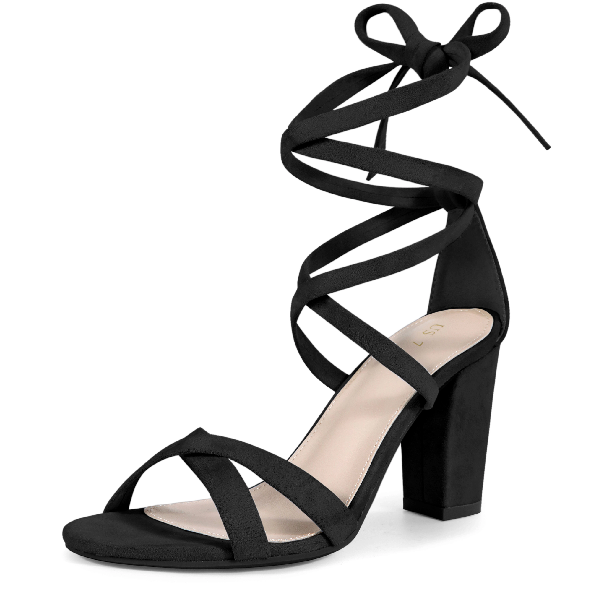 BLISSFUL STEP Women's Faux Suede Strappy Lace Up Open Toe Block Heel Sandals