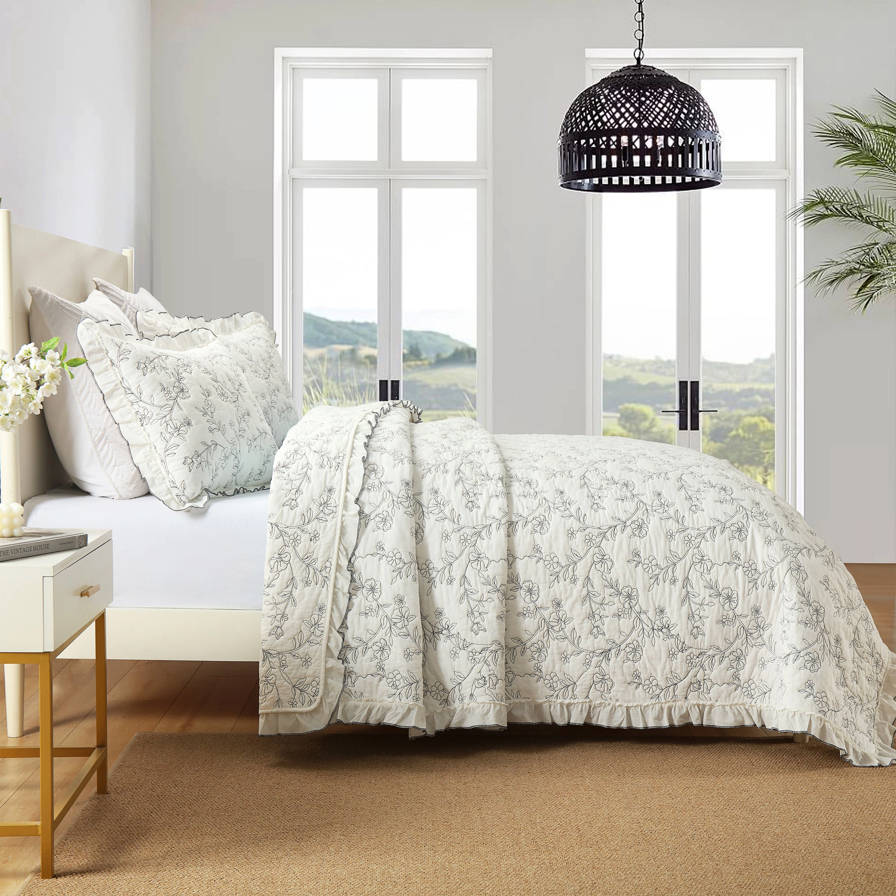 MarCielo 3 Piece 100% Cotton Embroidered Floral Ruffle Lightweight Quilt Bedspread Se
