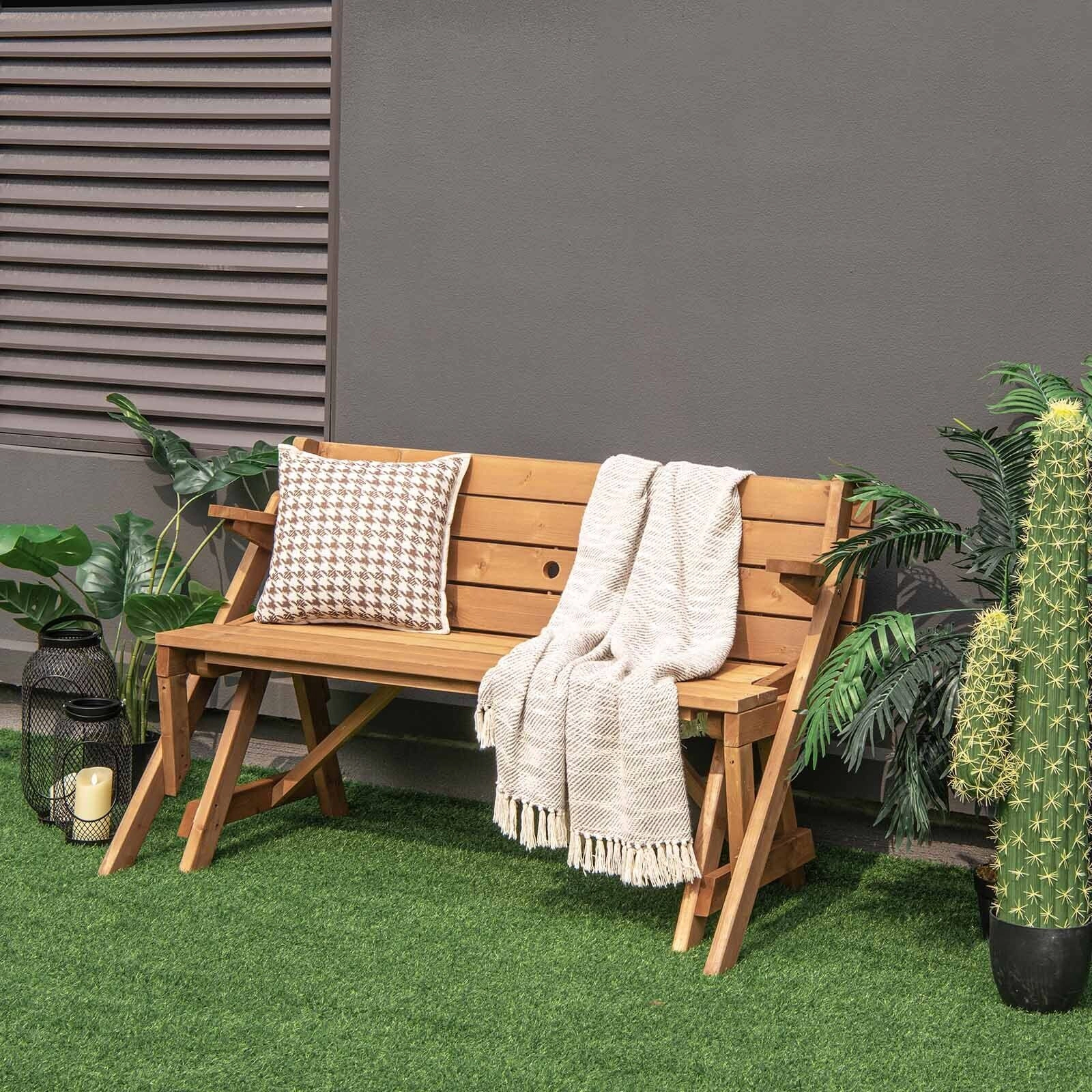 SUGIFT 2-in-1 Convertible Fir Wood Picnic Table and Garden Bench, Dark Brown, Umbrella Hole