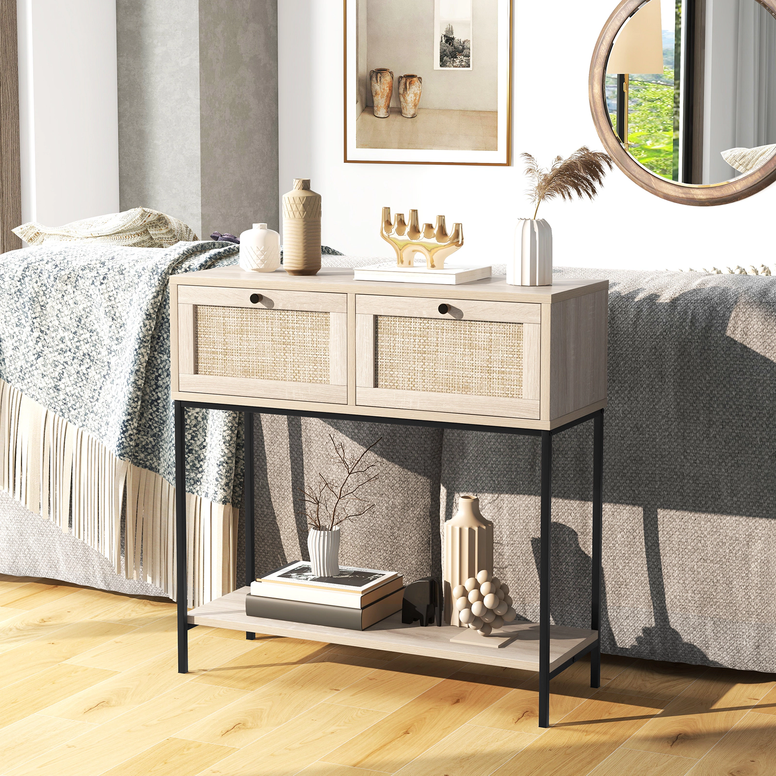 SUGIFT 31.5-in 132-lb Capacity Oak Boho Rattan Console Entryway Table with 2 Drawers and Open Storage Shelf