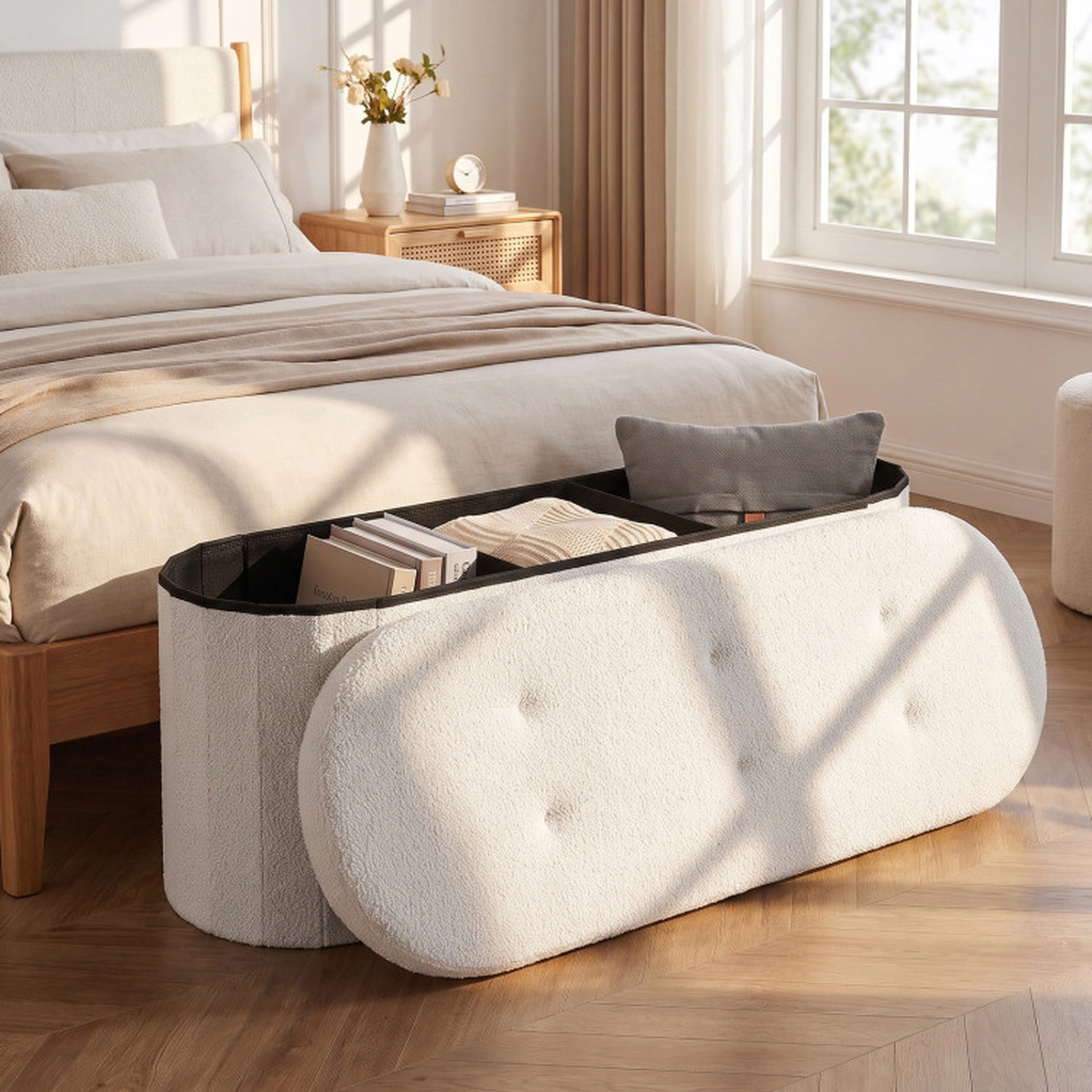 SUGIFT 43-Inch Beige Folding Storage Ottoman Bench, Teddy Fleece, 3 Compartments, 330 lb Capacity