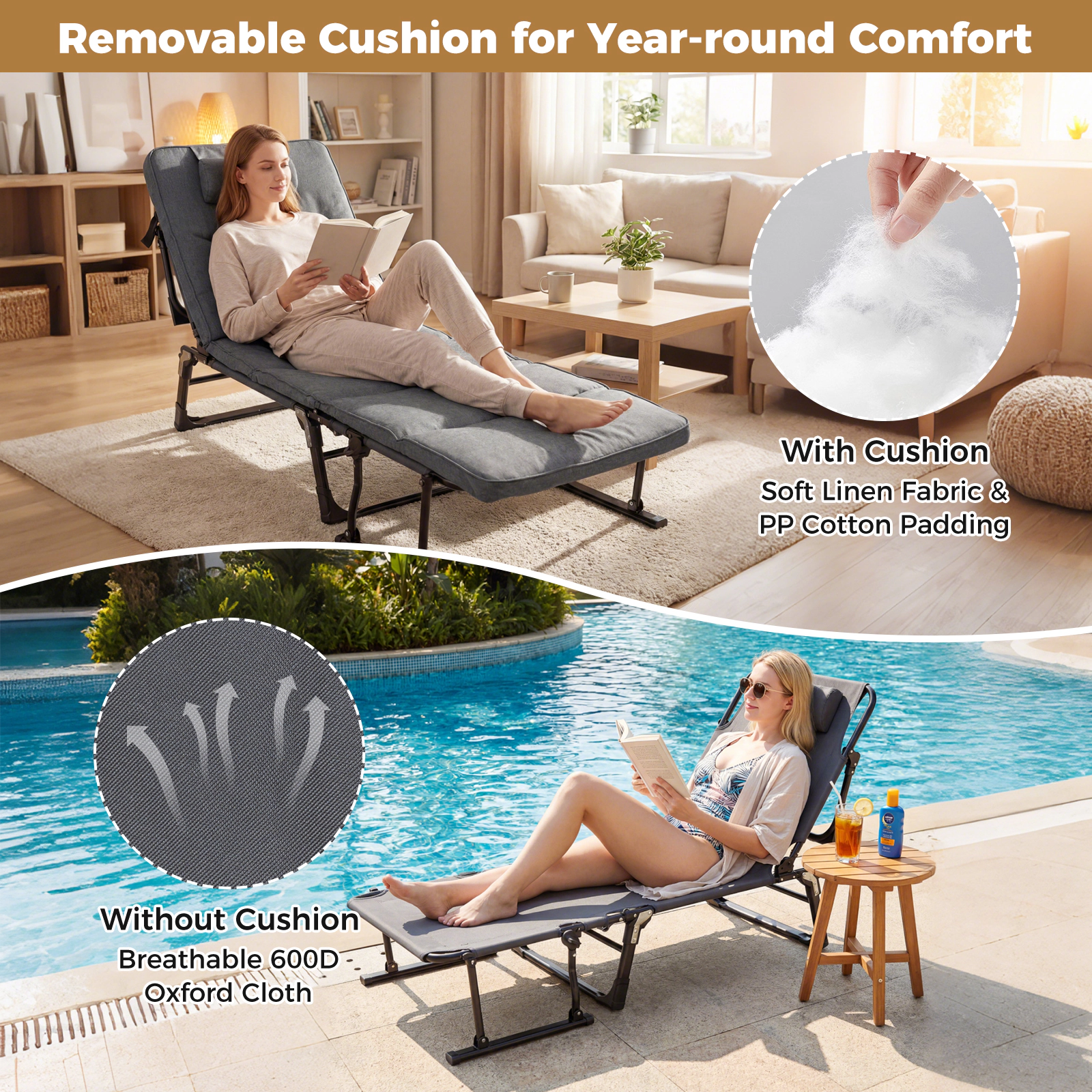 SUGIFT 3-in-1 Folding Camping Cot Single Sofa Chaise Lounge Chair with Mattress 440-lb Capacity Gray and Black