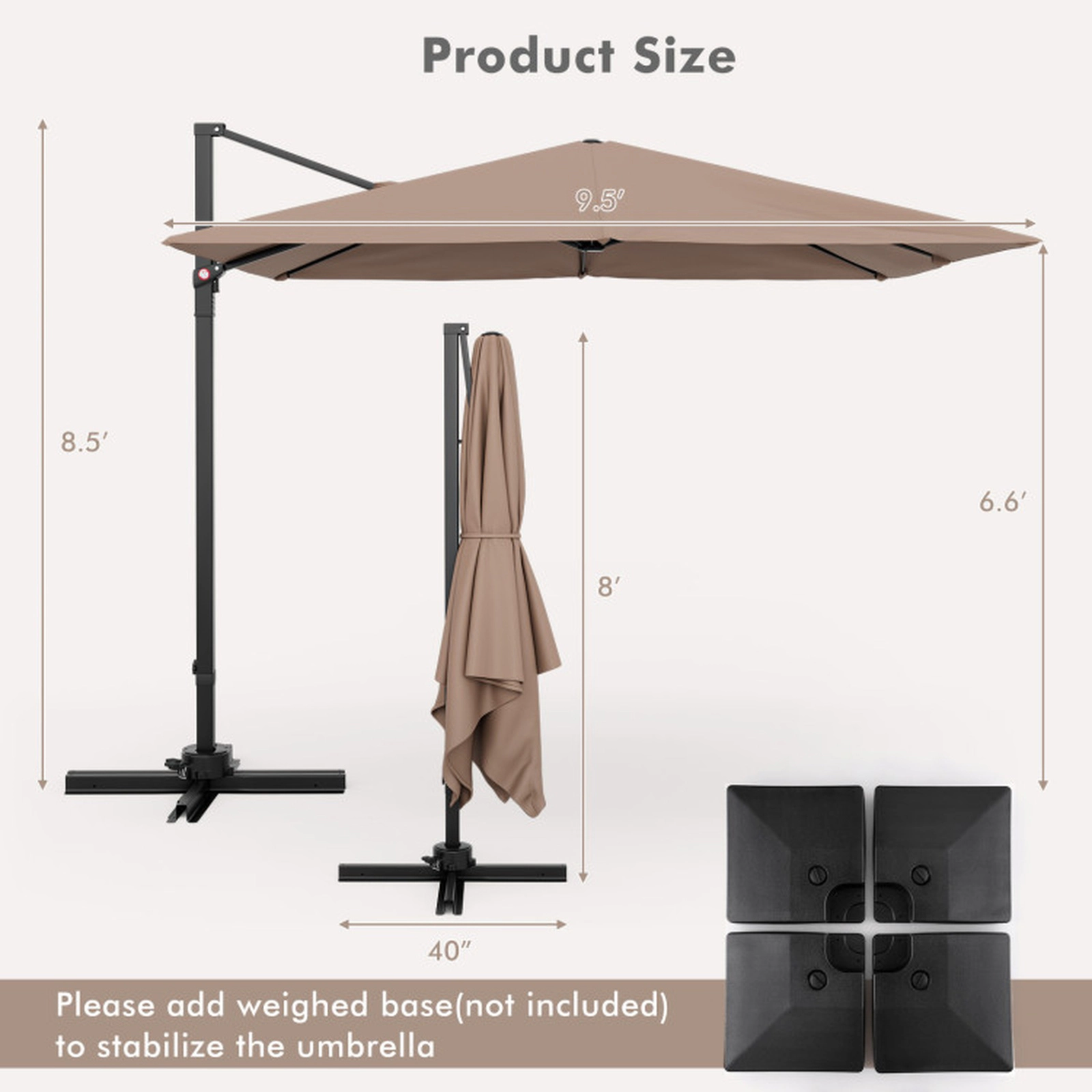 SUGIFT 9.3-ft Square Patio Cantilever Umbrella with 360° Rotation Foot Pedal and Cross Base Coffee Polyester Canopy