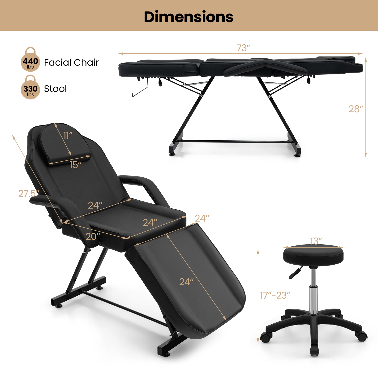 SUGIFT Black Facial Bed and Salon Stool Set with Removable Headrest and Towel Rack 73-in W 440-lb Chair Capacity