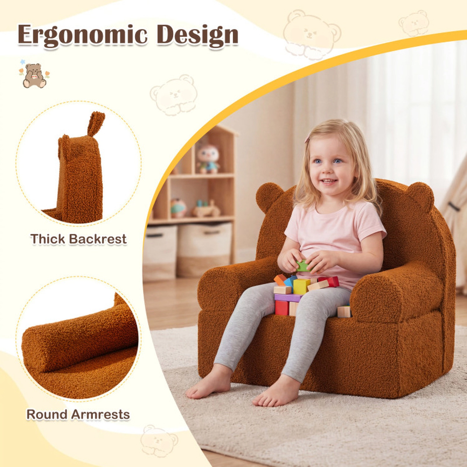SUGIFT Kids Bear Foam Sofa Toddler Couch Office Chair Teddy Fleece Fabric Cover 20-in Frame Ages 3+ Brown Single Seat