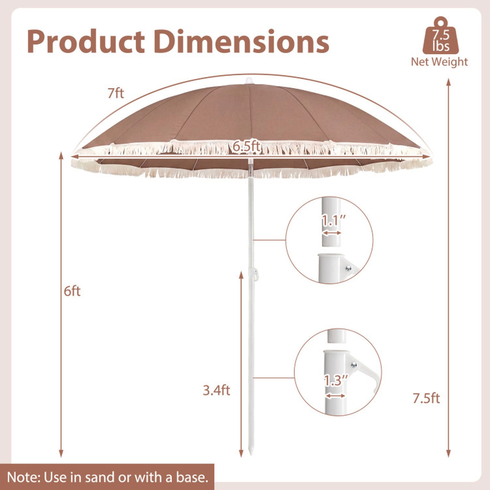 SUGIFT 7-ft Boho Fringe Patio Umbrella with Tassel Trim Tilt Pole Sand Spike and Carry Bag for Beach