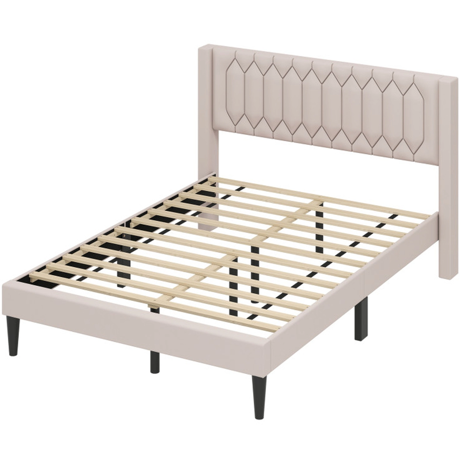 SUGIFT Queen Size Beige Upholstered Platform Bed Frame with Wingback Headboard and LVL Slats 770-lb Frame