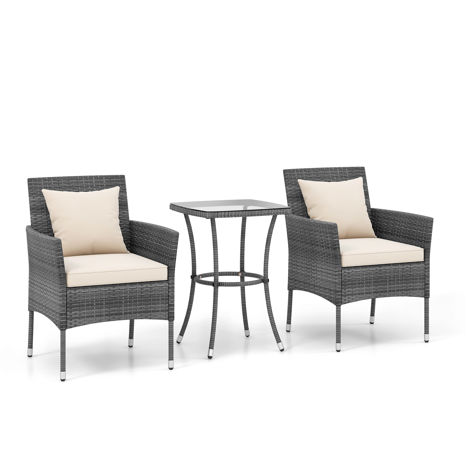 SUGIFT 3-Piece PE Rattan Patio Conversation Set with Cushioned Chairs and Tempered Glass Table 400-lb Chairs Off White