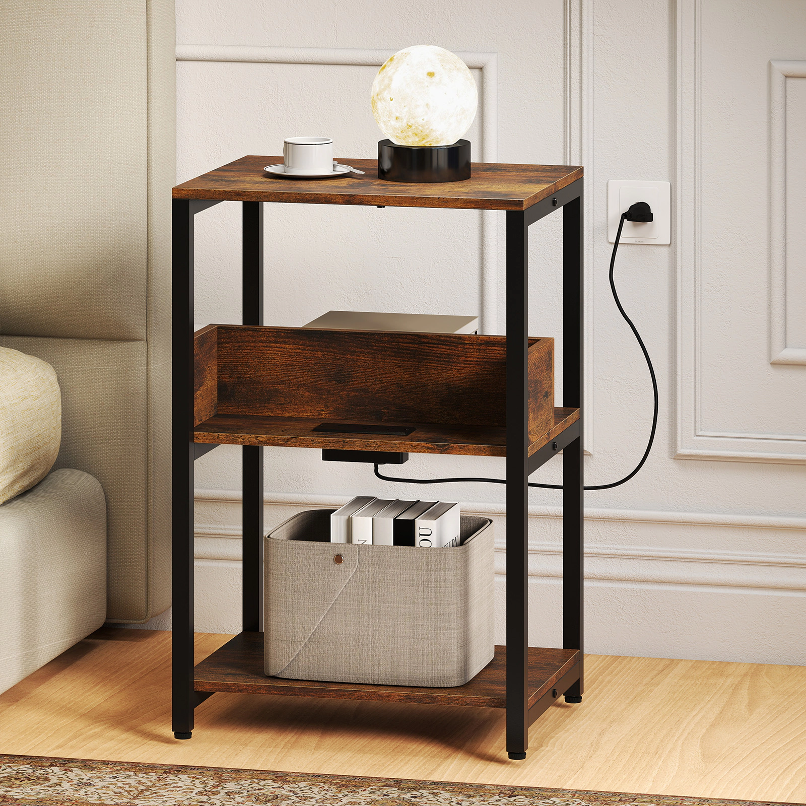 Slickblue Rustic Brown End Table with Hidden Charging Station & 3 Storage Shelves