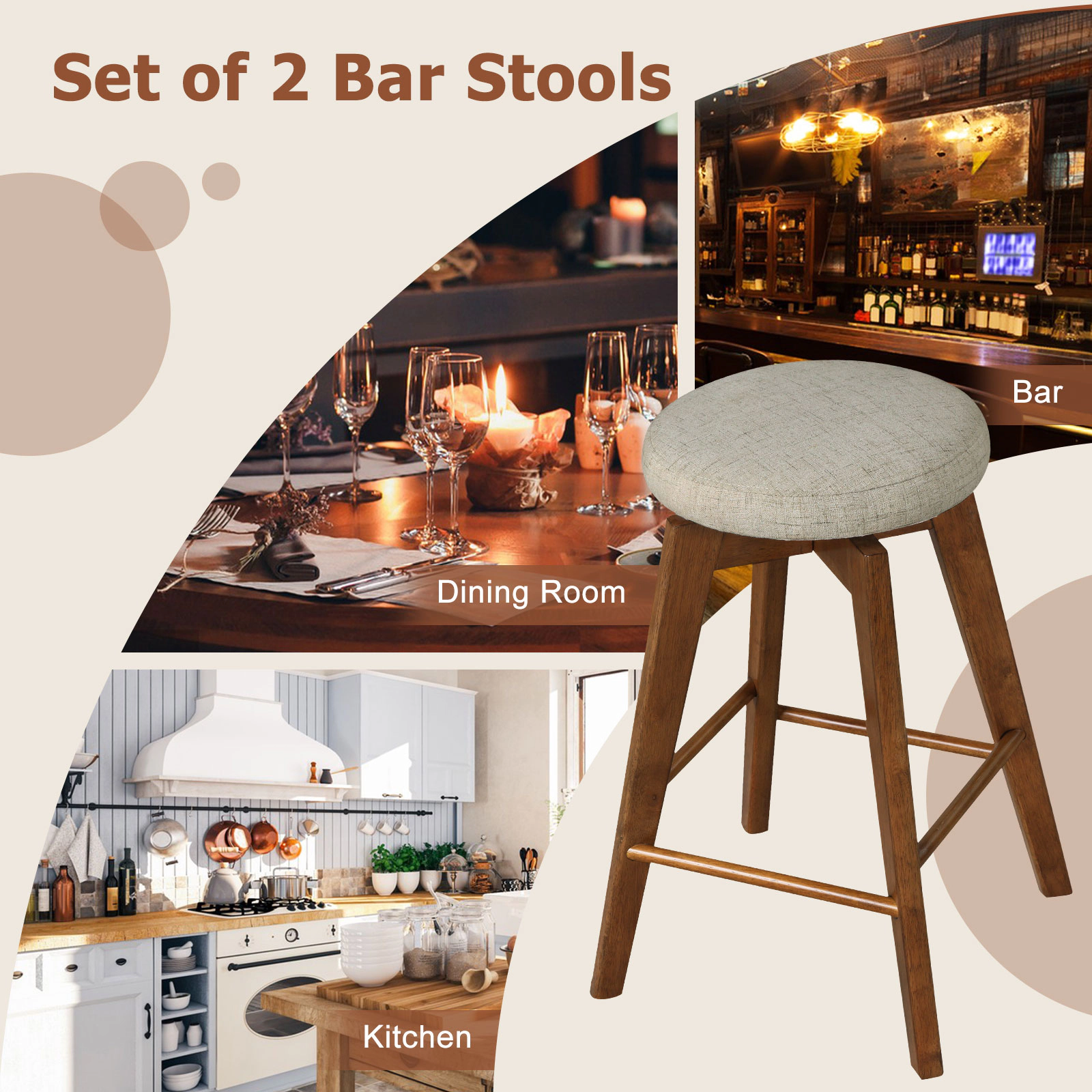 SUGIFT Backless 26-in Swivel Bar Stools 330-lb Capacity for 35-39 in Counters Beige and Brown