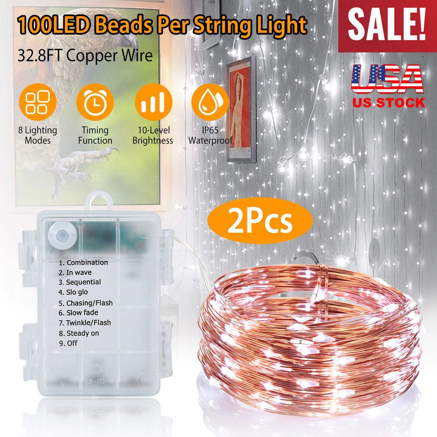 GBruno 2-Pack LED String Lights With Remote Control