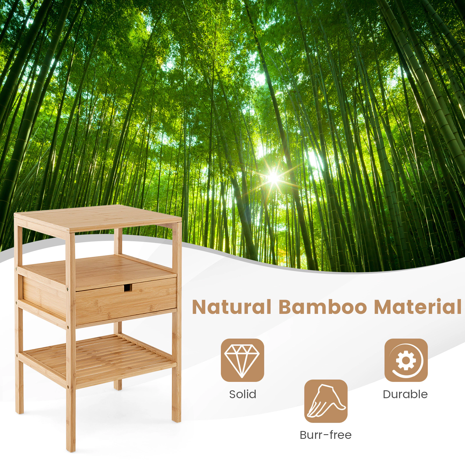 Glintex Bamboo Nightstand with Slatted Ventilated Shelves and Cut-Out Handle Drawer, Natural