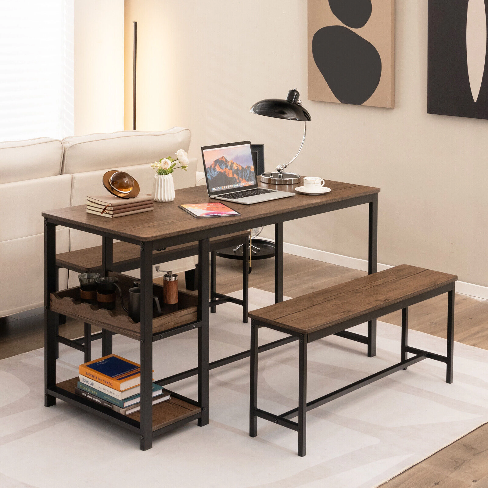 SUGIFT 3-Piece Dining Table and Bench Set with Wine Rack 220-Lb Table 330-Lb Benches Coffee Black